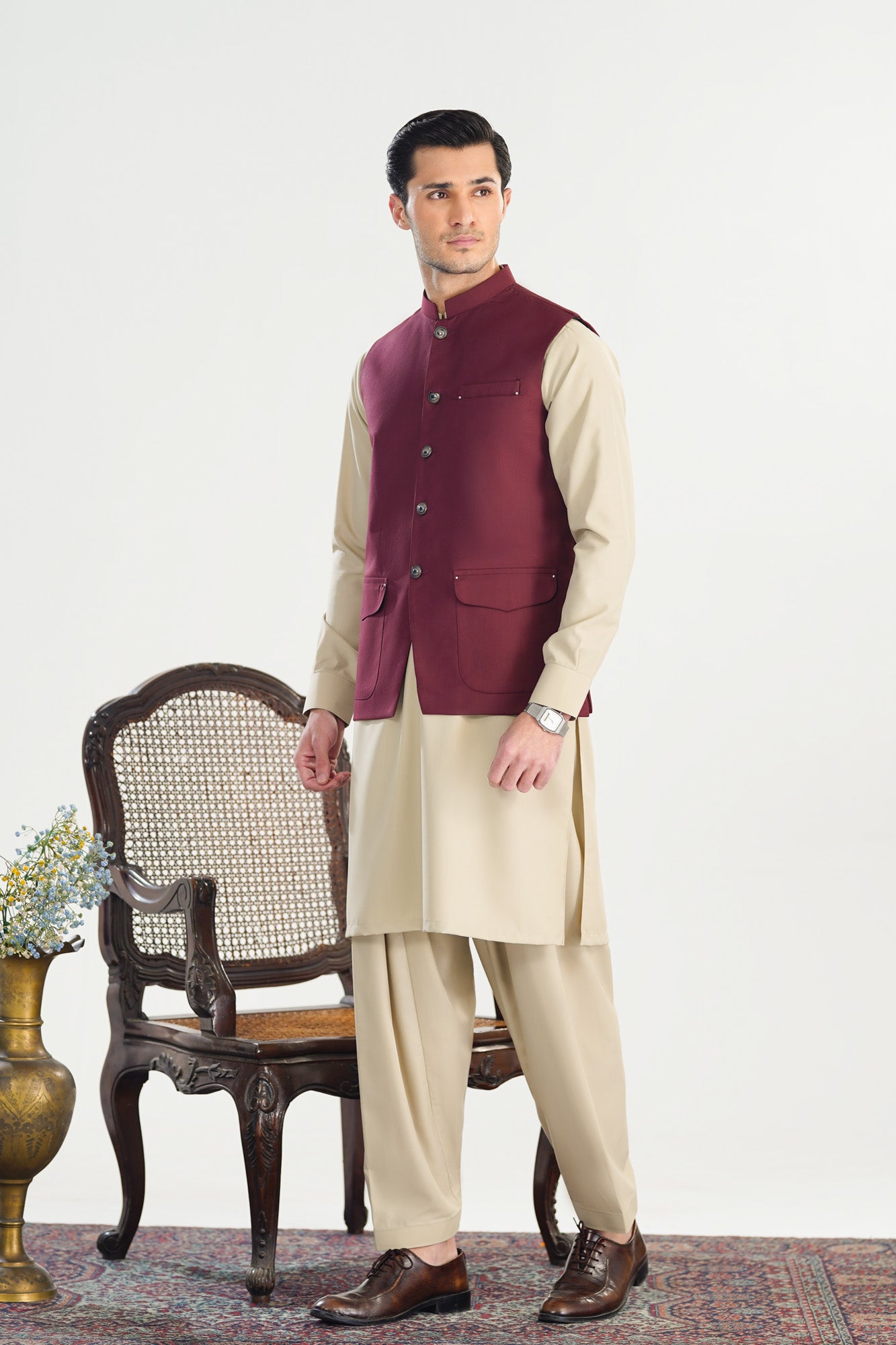 Bisque Kurta Shalwar with Burgundy Suiting Waistcoat - Straight Cut - Men