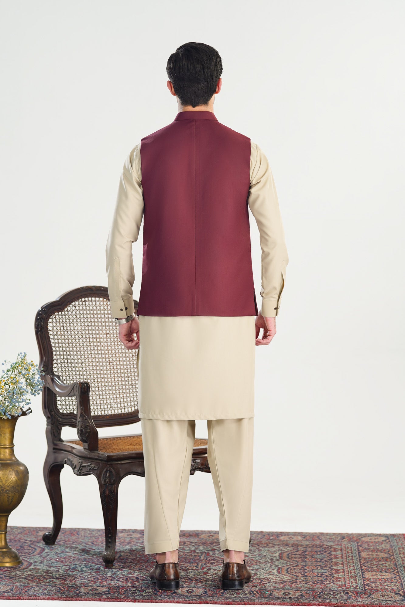 Bisque Kurta Shalwar with Burgundy Suiting Waistcoat - Straight Cut - Men