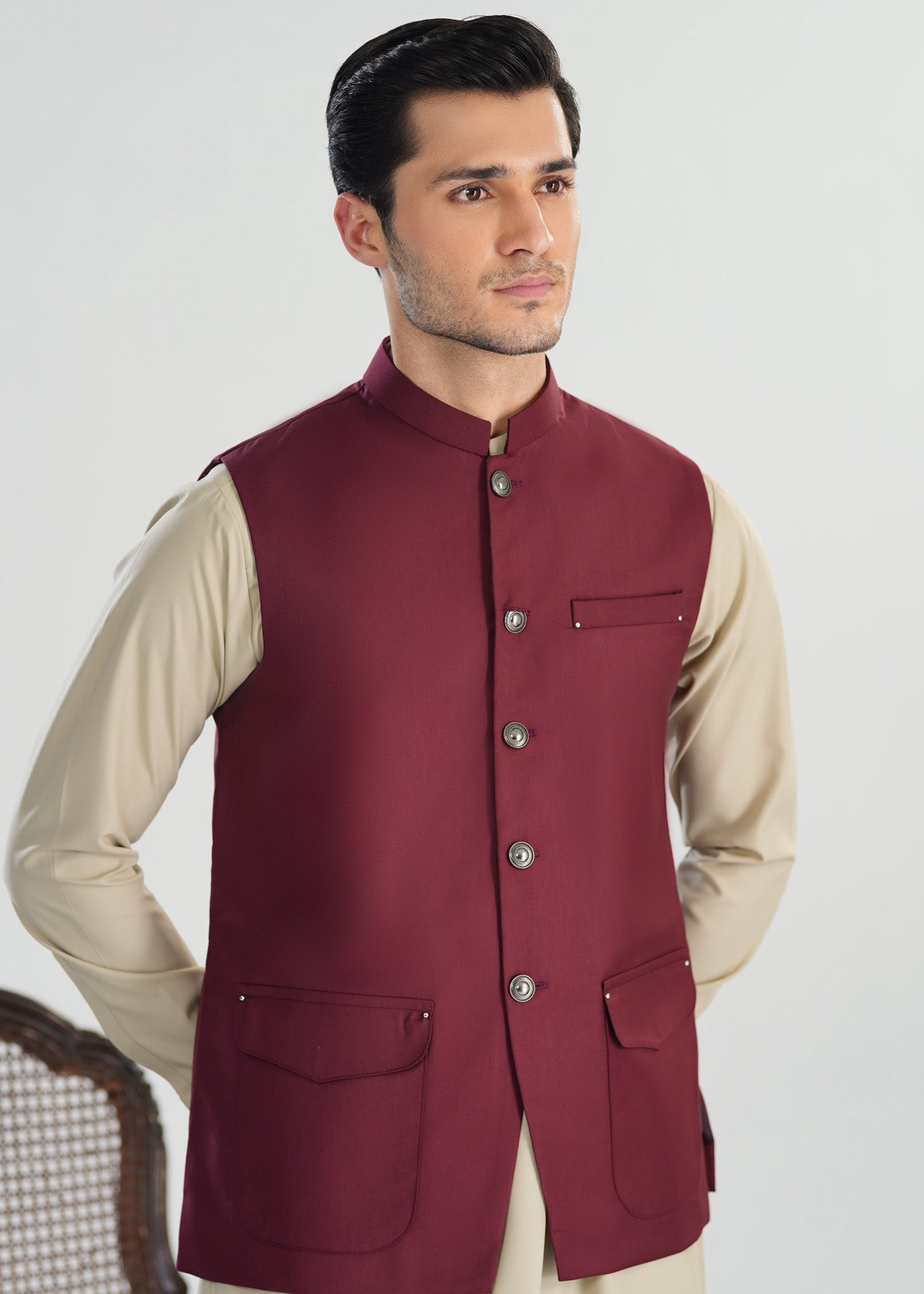Bisque Kurta Shalwar with Burgundy Suiting Waistcoat - Straight Cut - Men