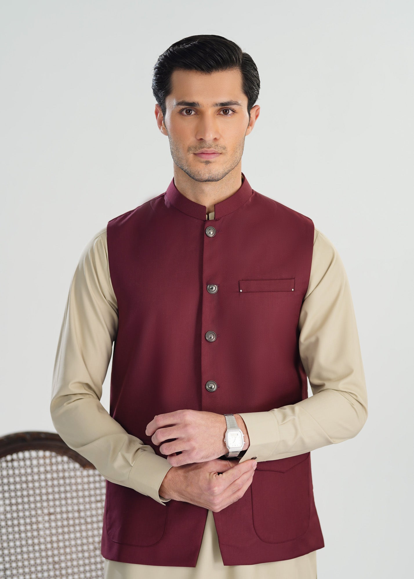 Bisque Kurta Shalwar with Burgundy Suiting Waistcoat - Straight Cut - Men