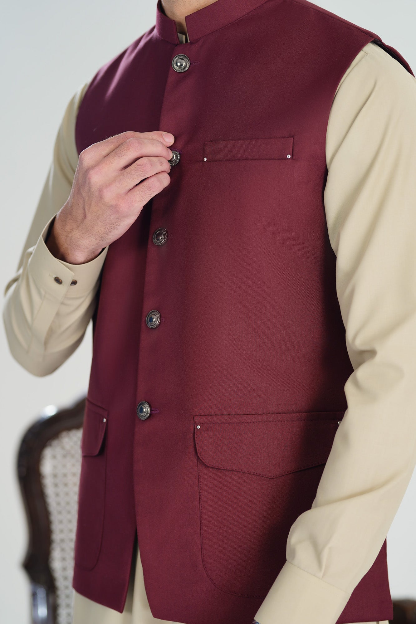 Bisque Kurta Shalwar with Burgundy Suiting Waistcoat - Straight Cut - Men