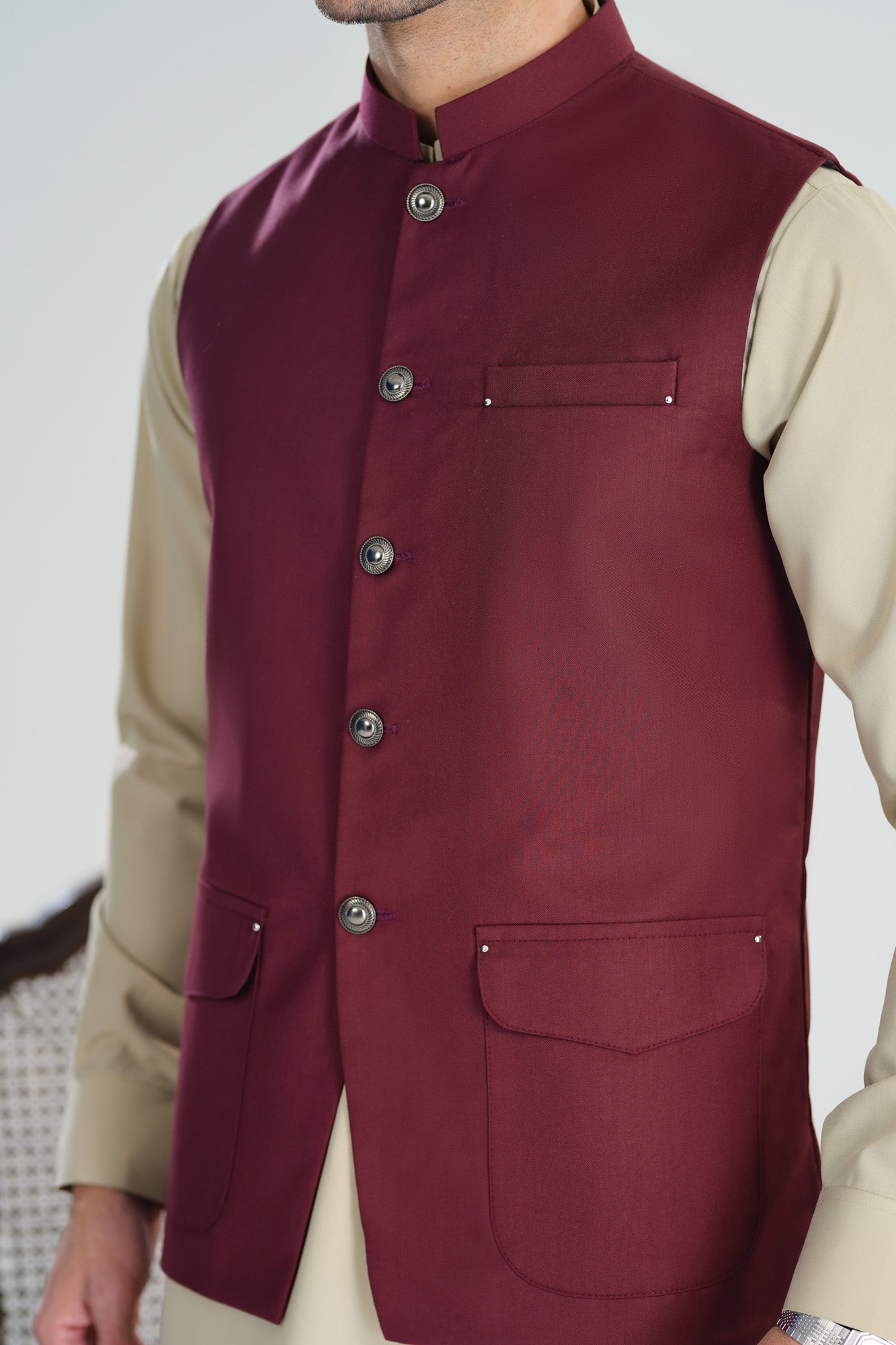 Bisque Kurta Shalwar with Burgundy Suiting Waistcoat - Straight Cut - Men
