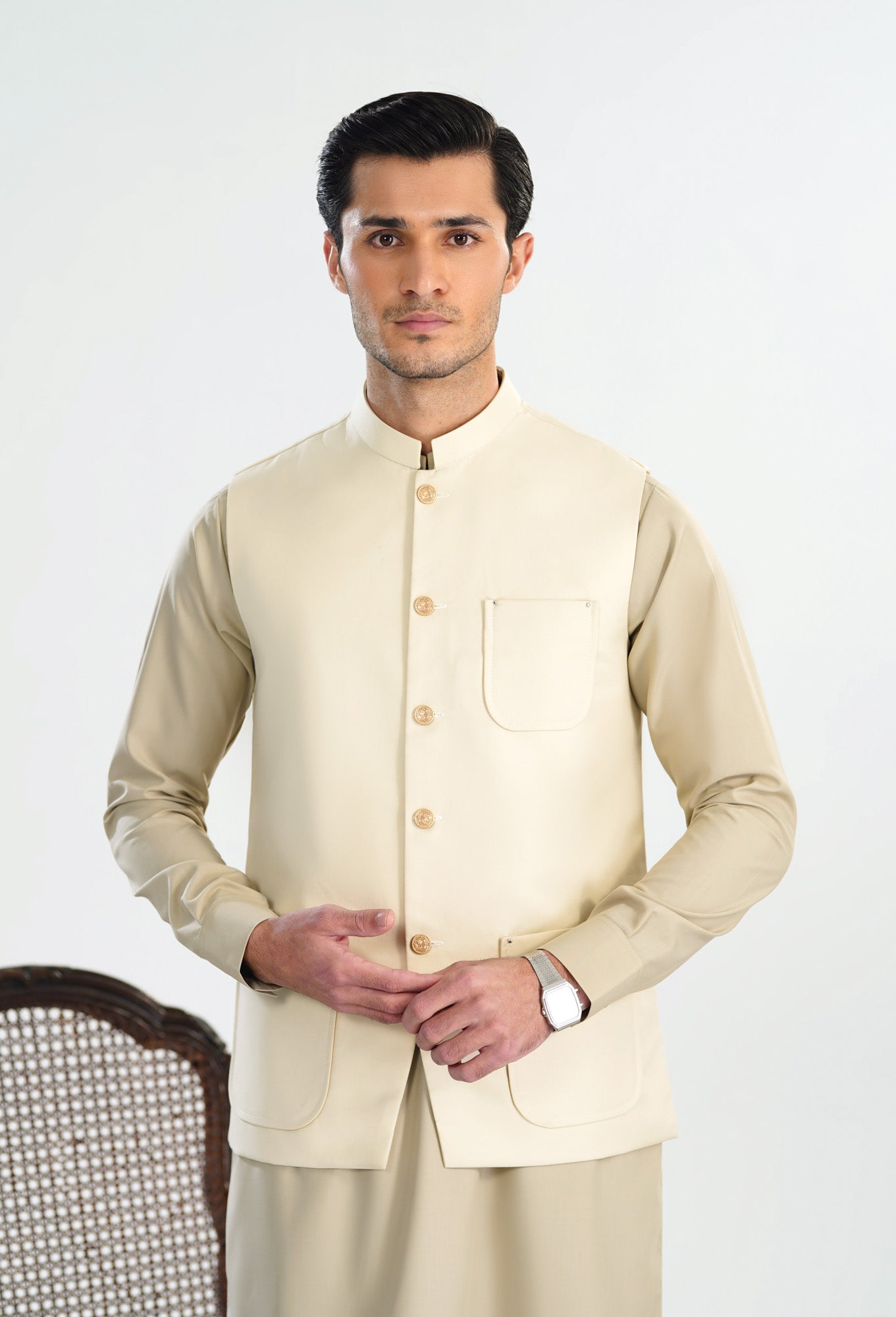 Bisque Kurta Shalwar with Creamy White Suiting Waistcoat - Straight Cut - Men