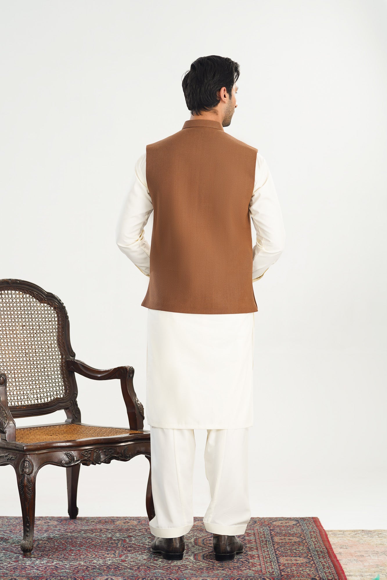 Bosky White Kurta Shalwar with Camel Khaddar Waistcoat - A-Line Cut - Men
