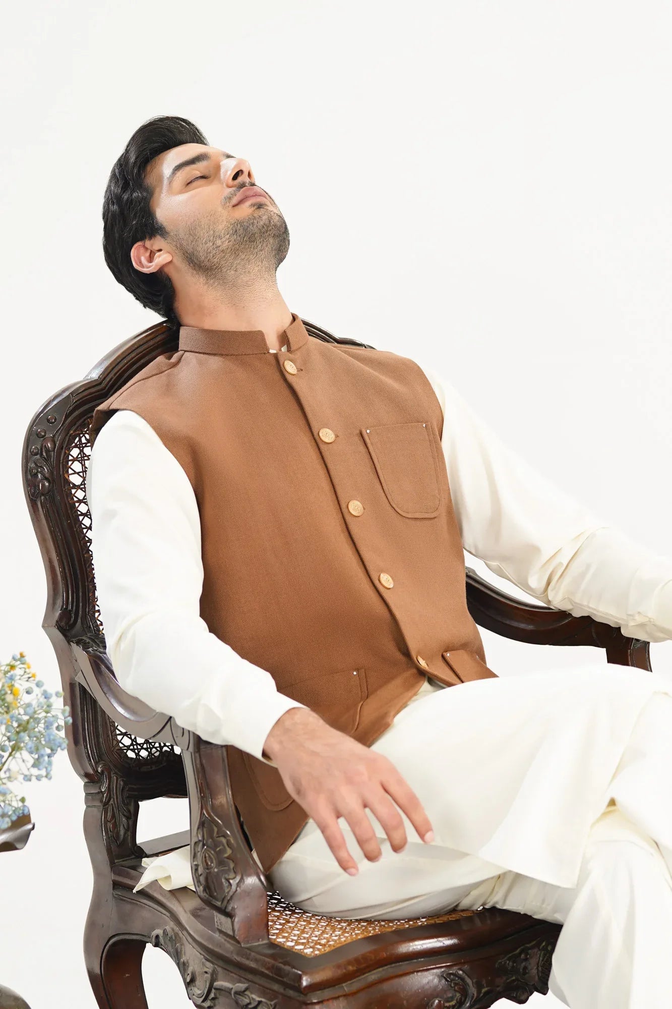 Camel Handloomed Khaddar Waistcoat - A-Line Cut - Men - Muraqsh -- Menswear
