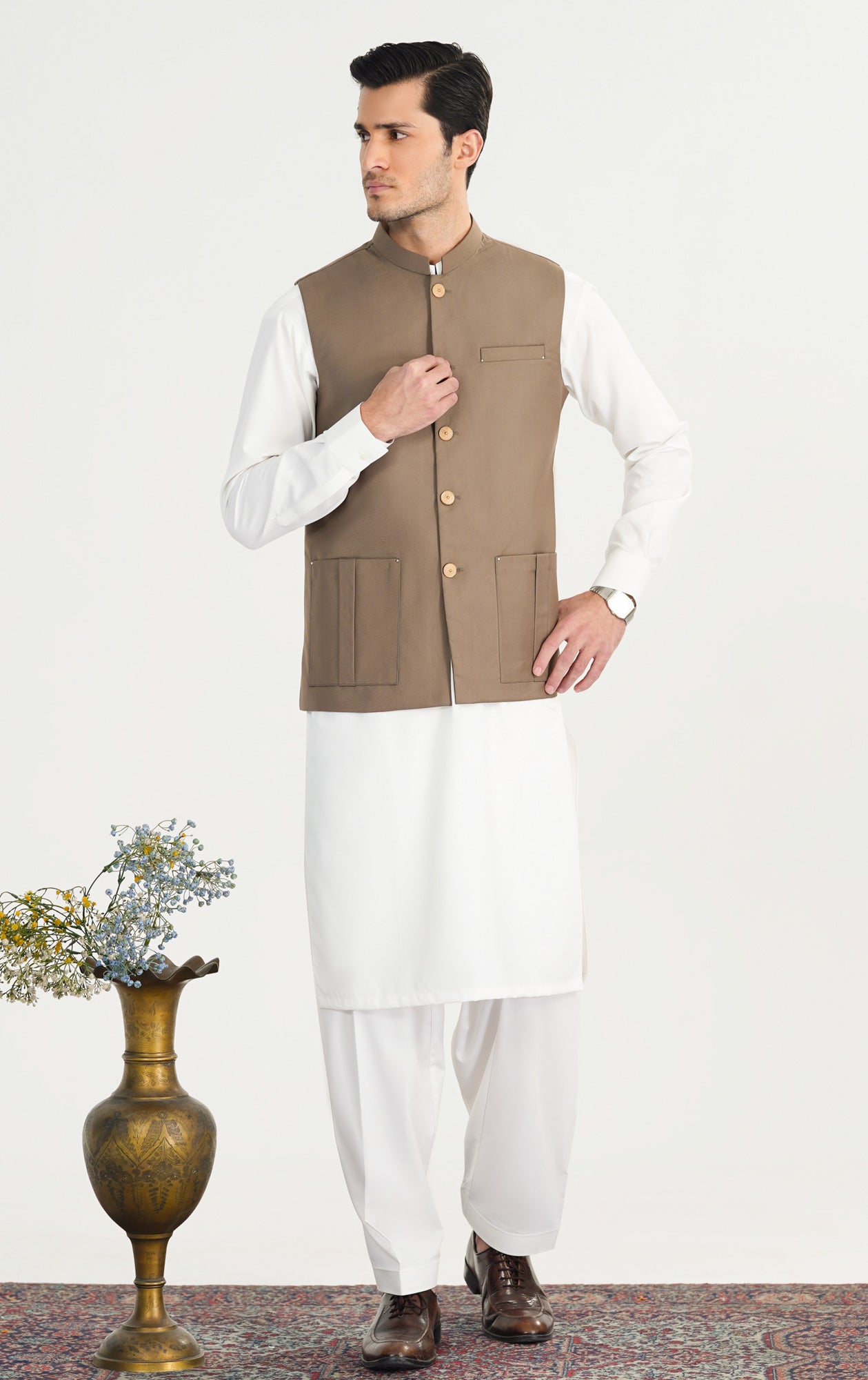 Off White Kurta Shalwar with Sand Beige Suiting Waistcoat - Straight Cut - Men