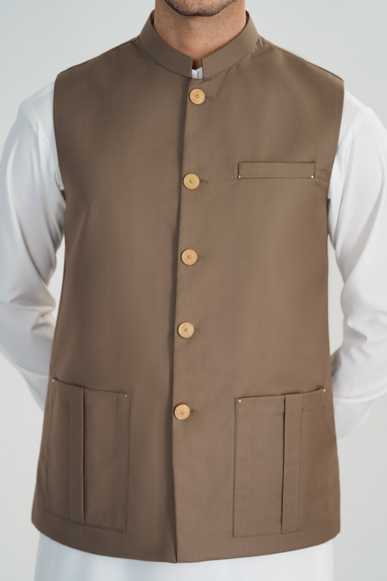 Off White Kurta Shalwar with Sand Beige Suiting Waistcoat - Straight Cut - Men