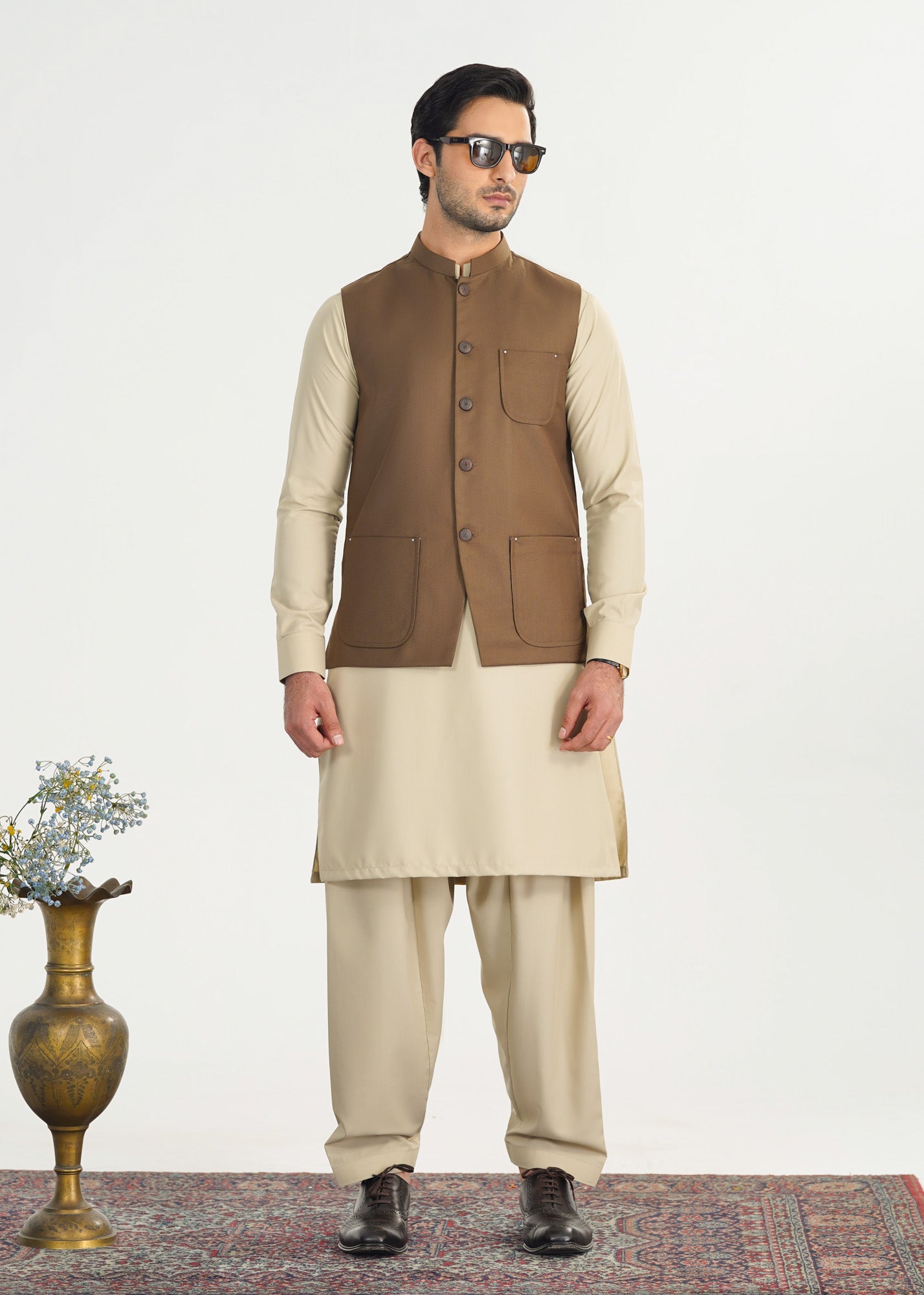 Bisque Kurta Shalwar with Light Brown Suiting Waistcoat - Straight Cut - Men