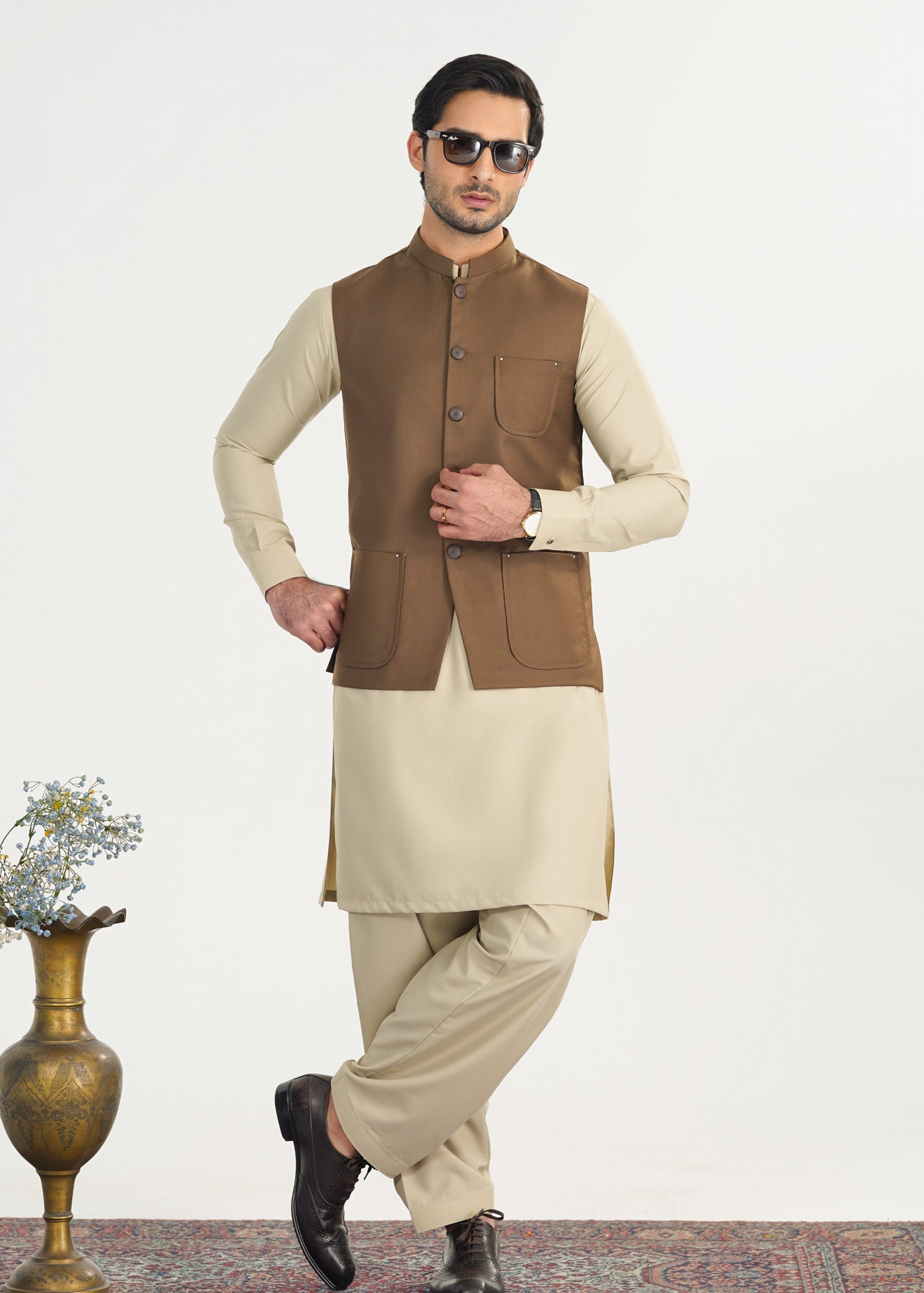 Bisque Kurta Shalwar with Light Brown Suiting Waistcoat - Straight Cut - Men