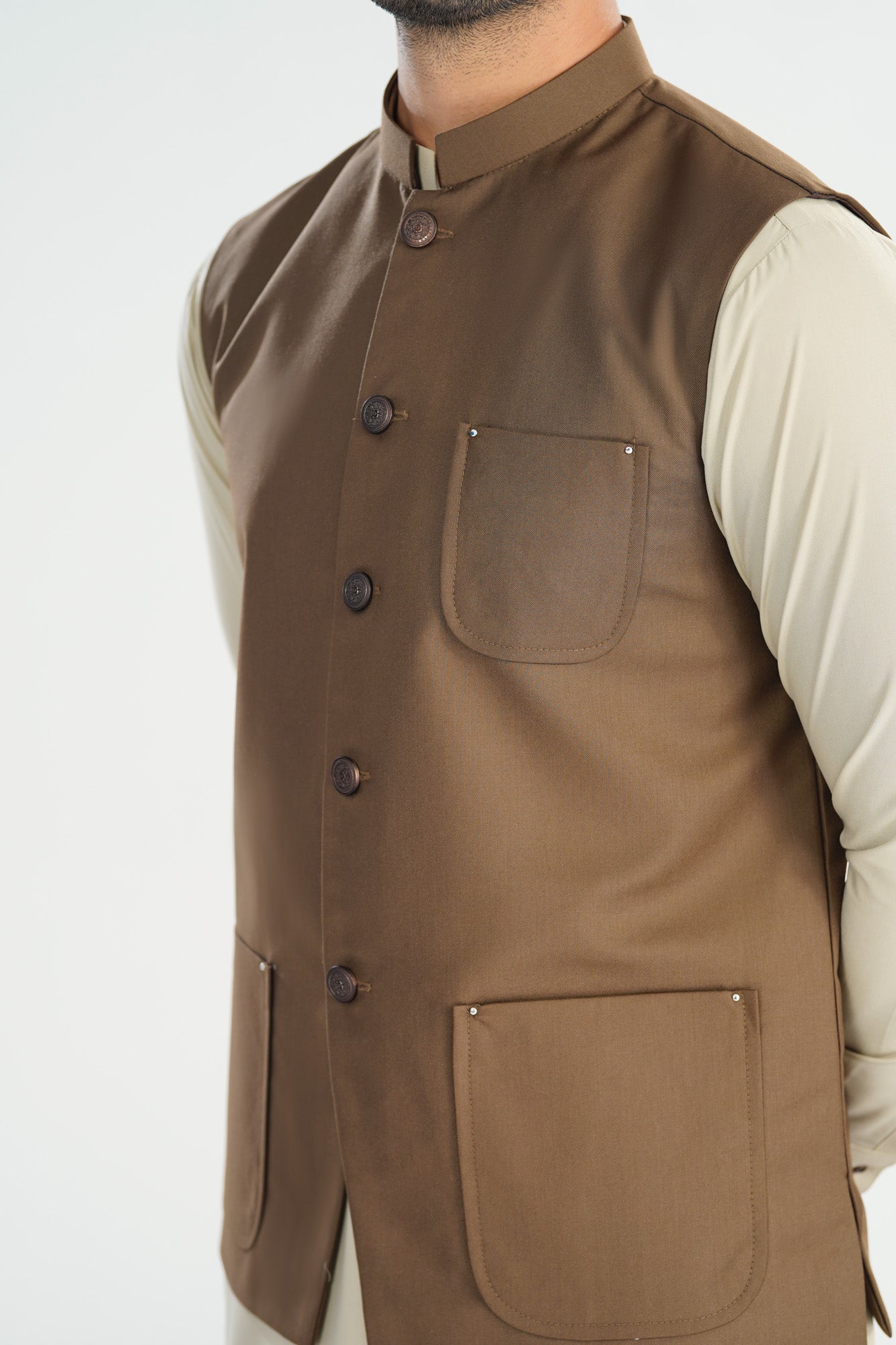 Bisque Kurta Shalwar with Light Brown Suiting Waistcoat - Straight Cut - Men