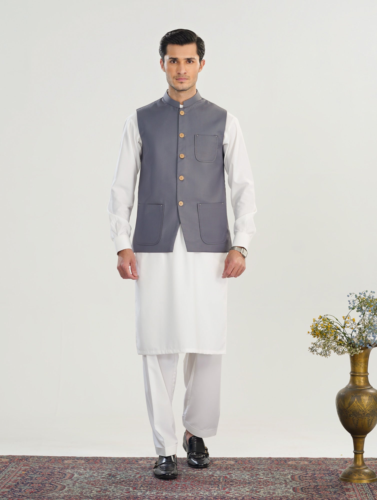 Off White Kurta Shalwar with Bluish Grey Suiting Waistcoat - Straight Cut - Men