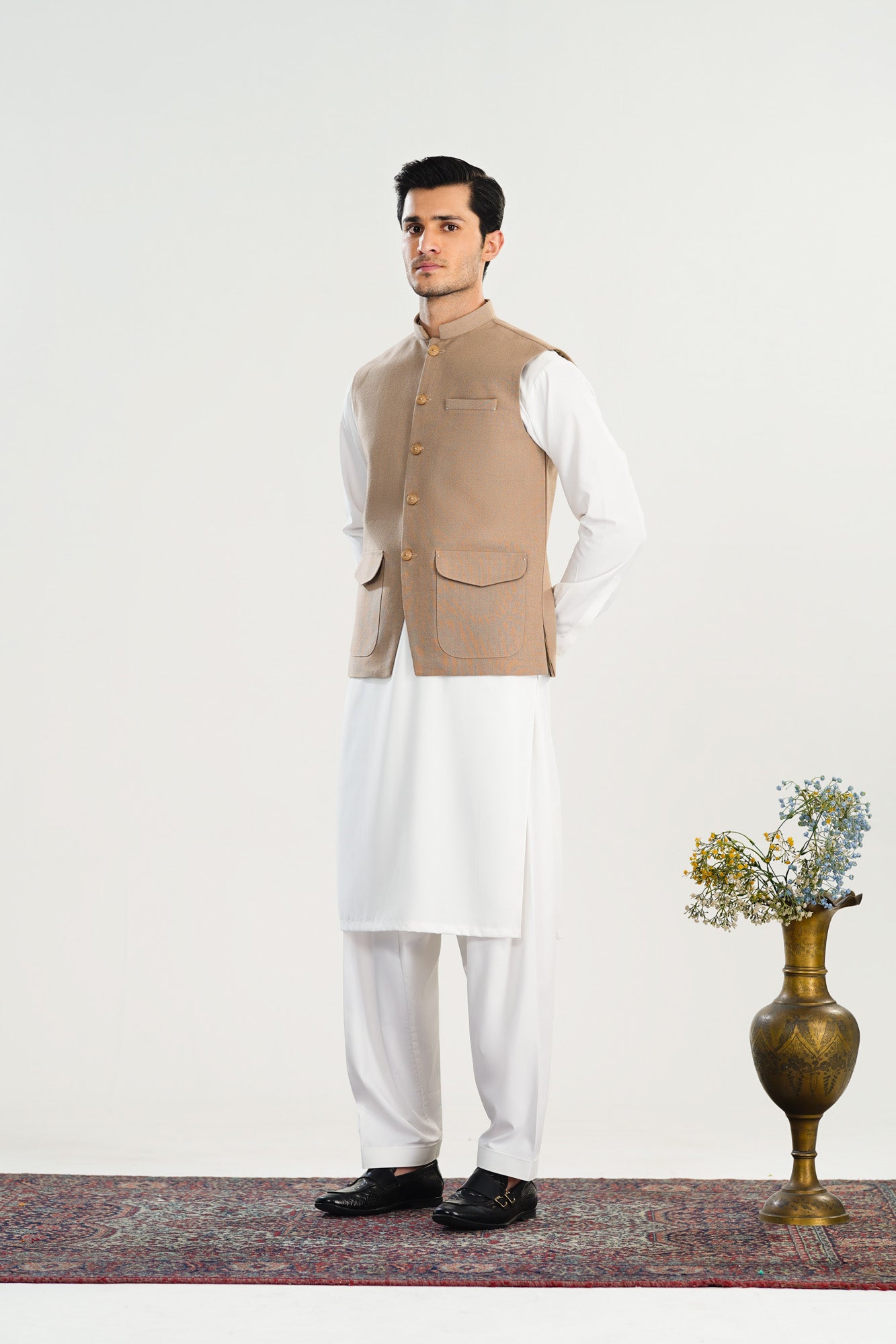 Beige Handloomed Khaddar Waistcoat - A-Line Cut - Men