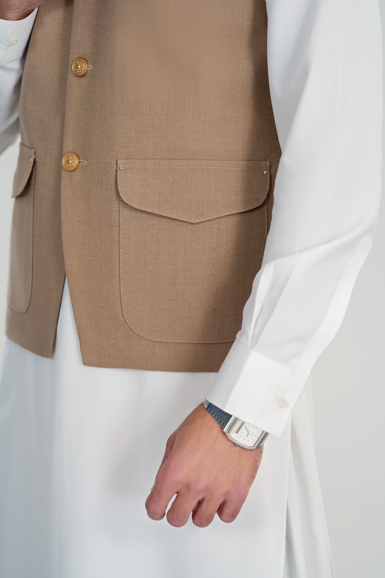 Beige Handloomed Khaddar Waistcoat - A-Line Cut - Men