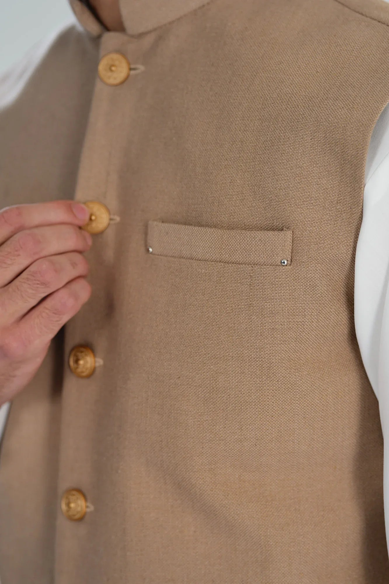 Beige Handloomed Khaddar Waistcoat - A-Line Cut - Men - Muraqsh -- Menswear