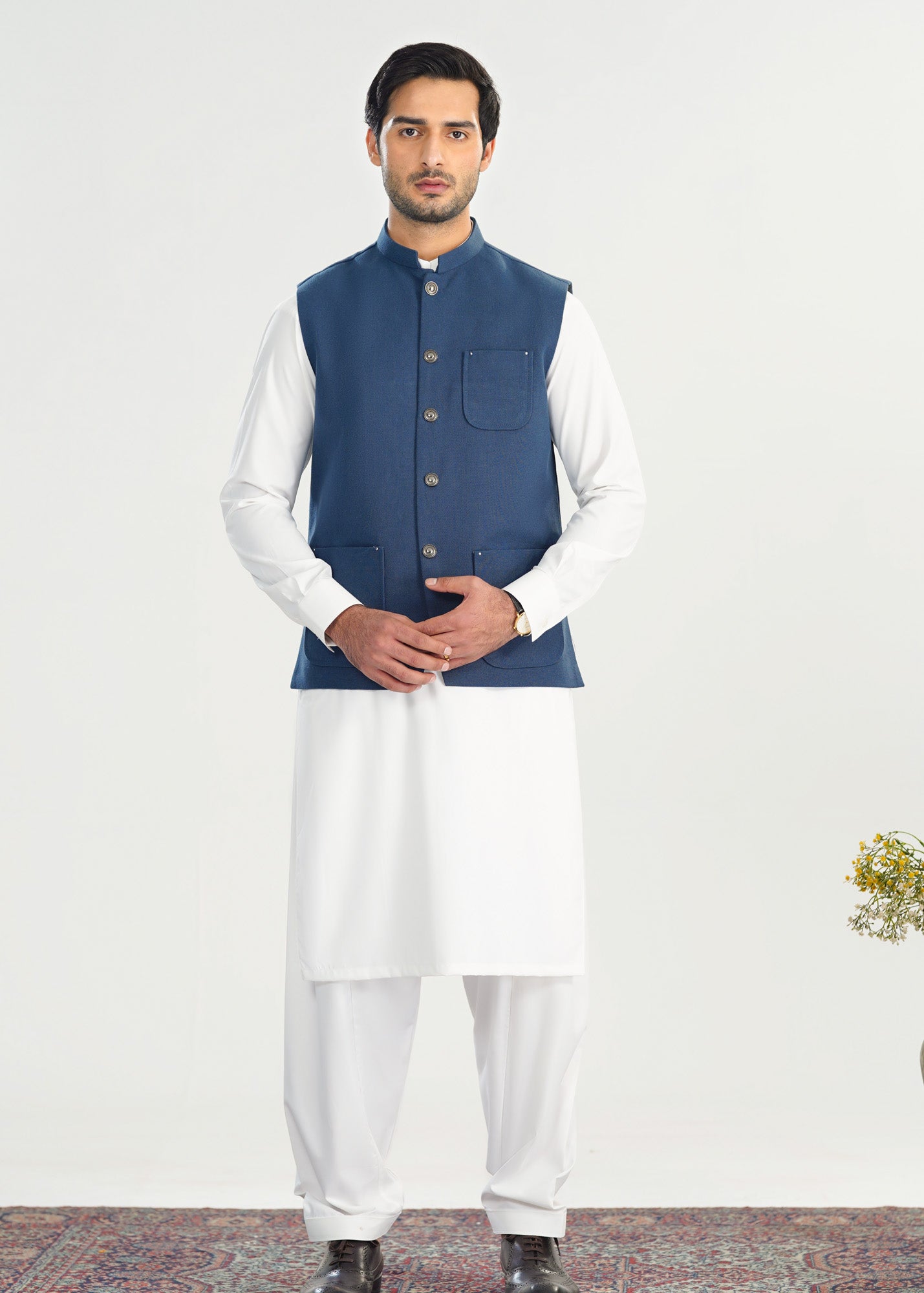 Off White Kurta Shalwar with Navy Blue Khaddar Waistcoat - A-Line Cut - Men