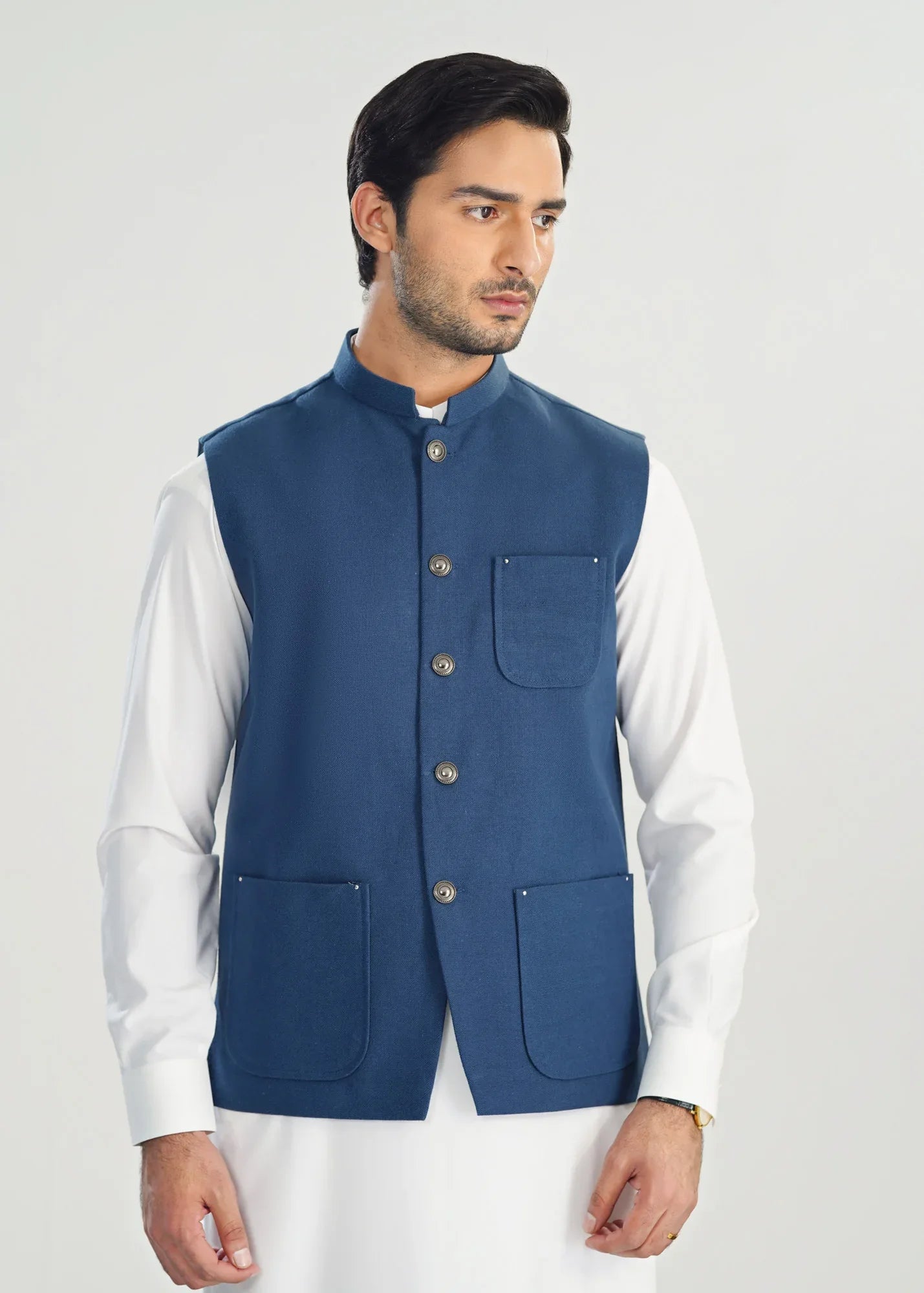 Off White Kurta Shalwar with Navy Blue Khaddar Waistcoat - A-Line Cut - Men - Muraqsh -- Menswear