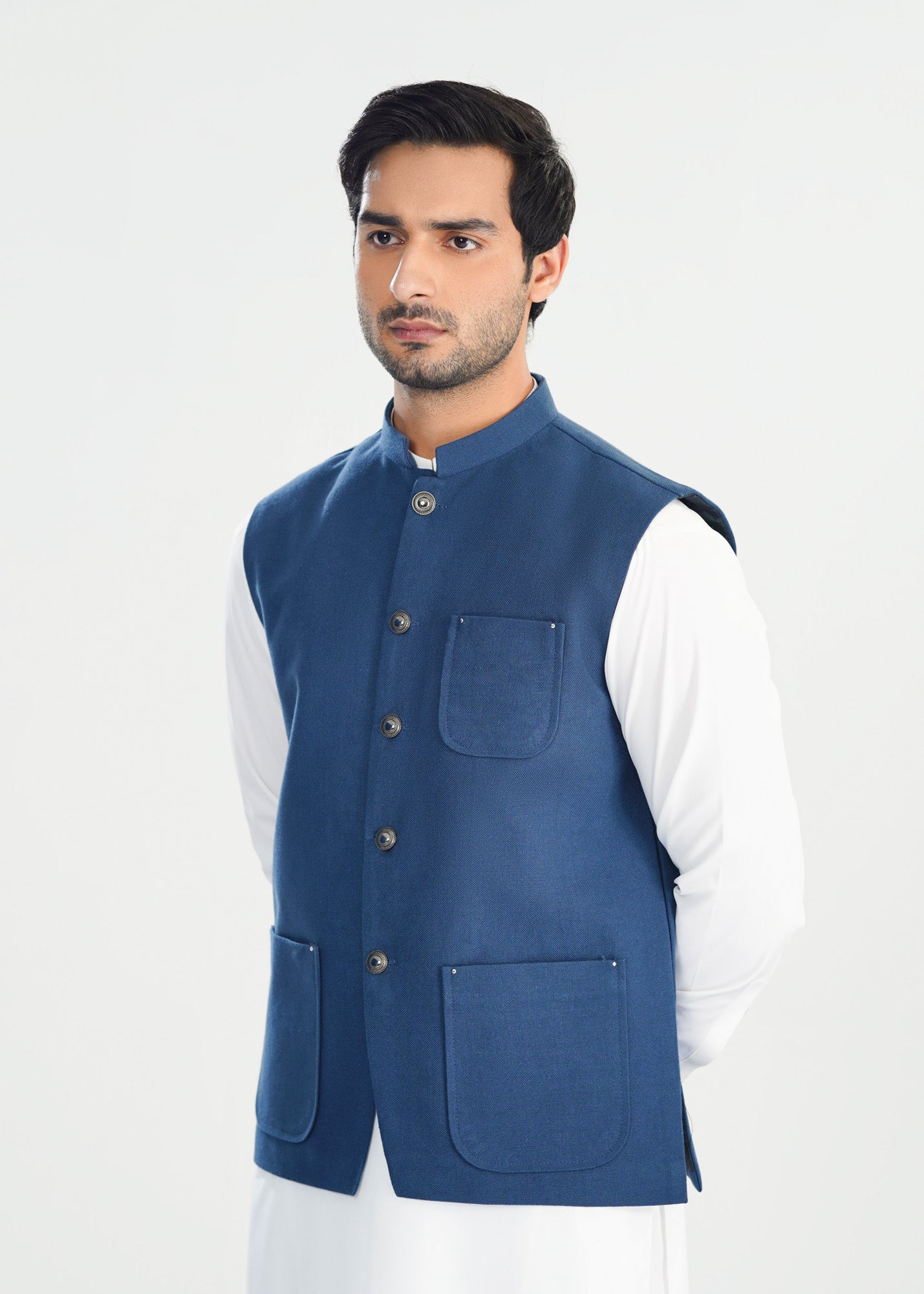Navy Blue Handloomed Khaddar Waistcoat - A-Line Cut - Men