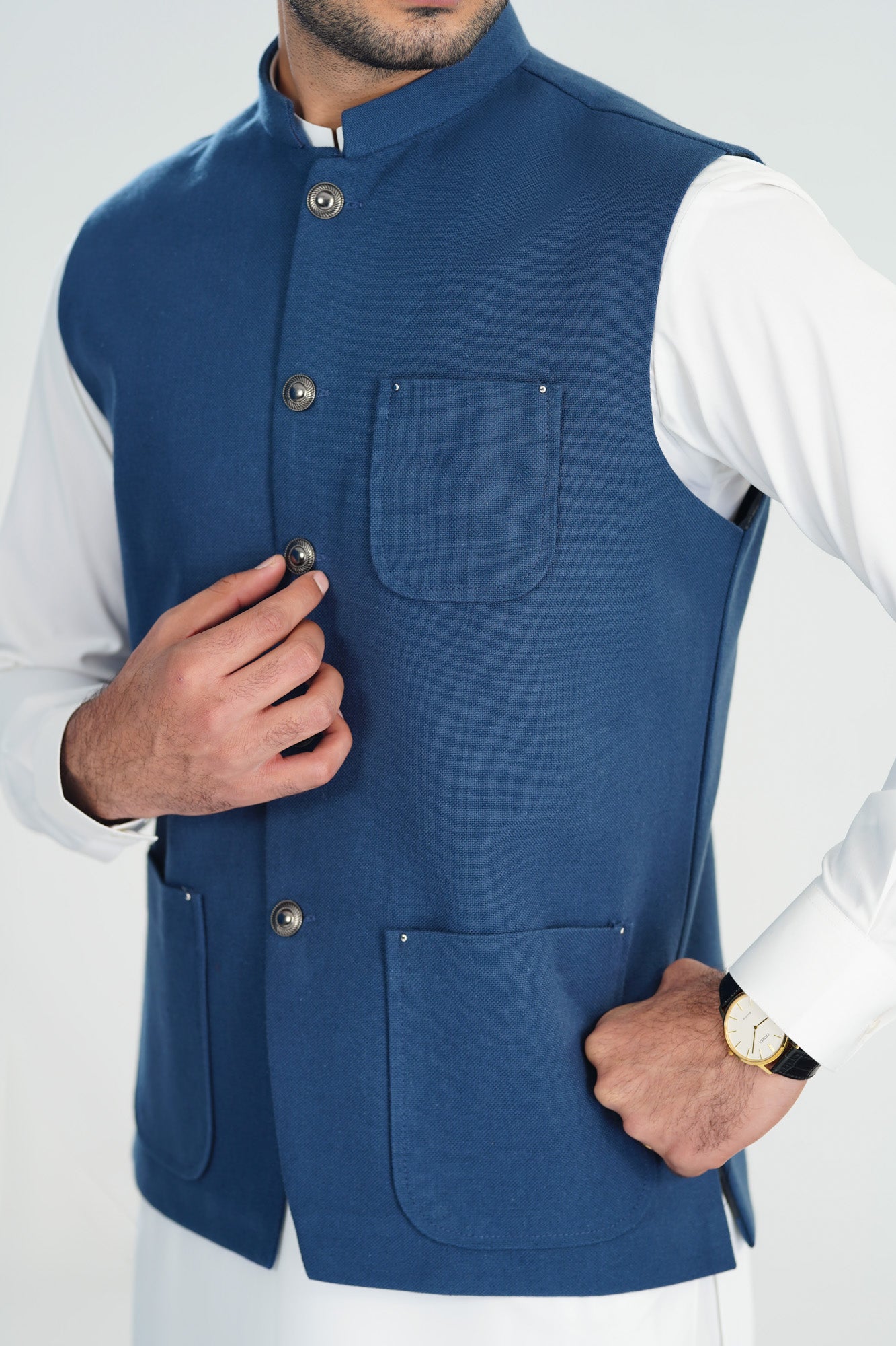 Off White Kurta Shalwar with Navy Blue Khaddar Waistcoat - A-Line Cut - Men