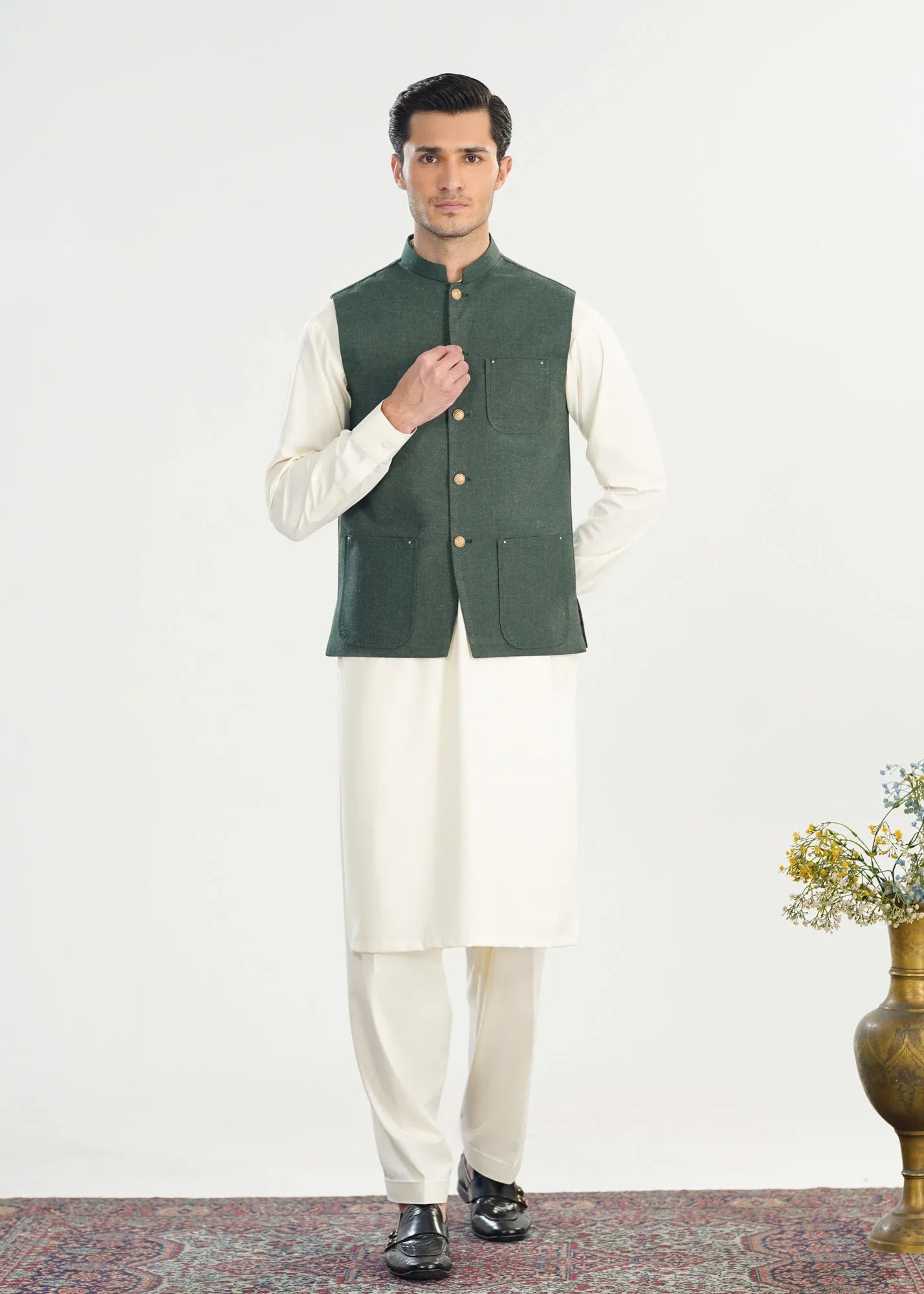 Bosky White Kurta Shalwar with Army Green Wool Waistcoat - A-Line Cut - Men - Muraqsh -- Menswear