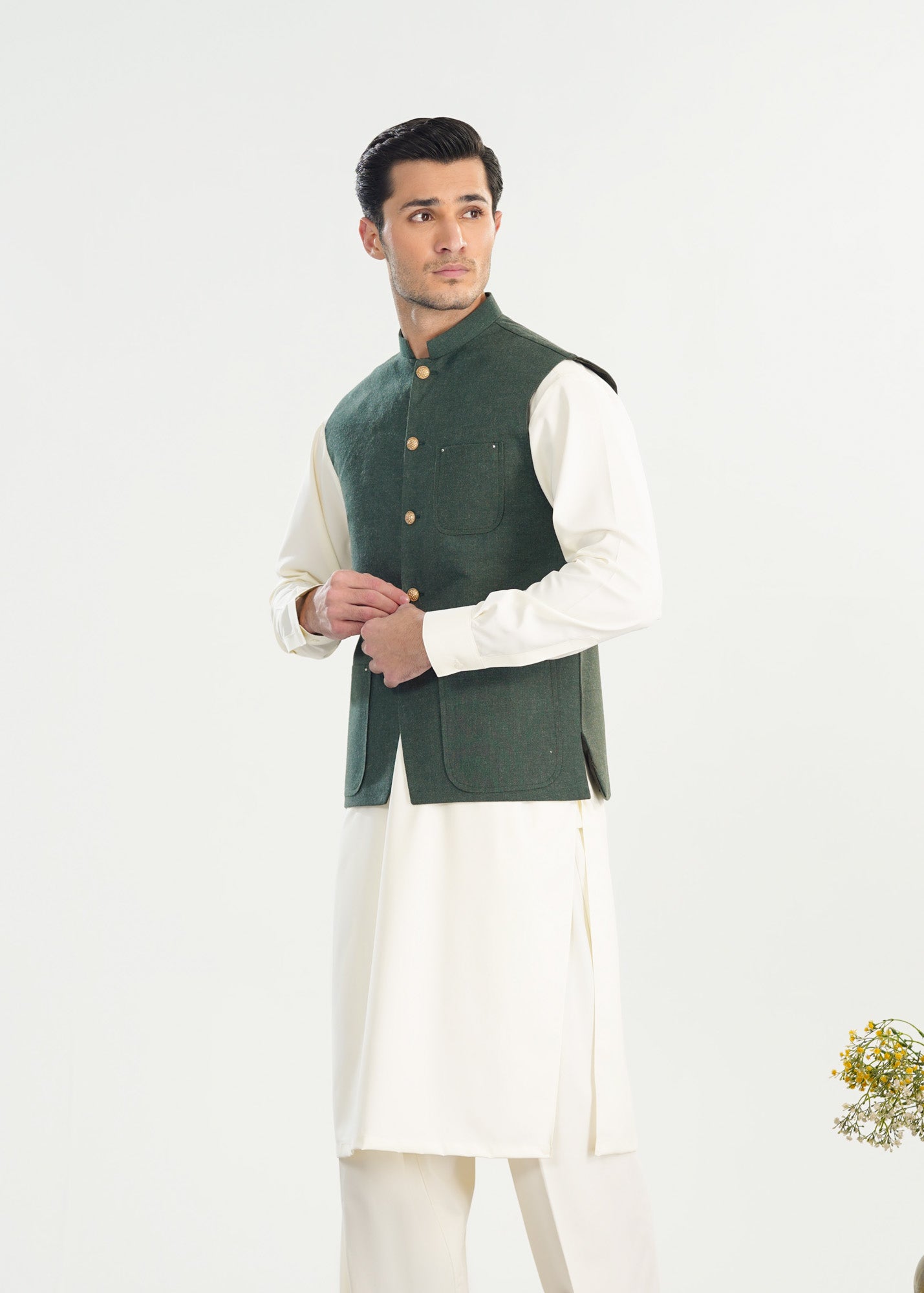 Bosky White Kurta Shalwar with Army Green Wool Waistcoat - A-Line Cut - Men