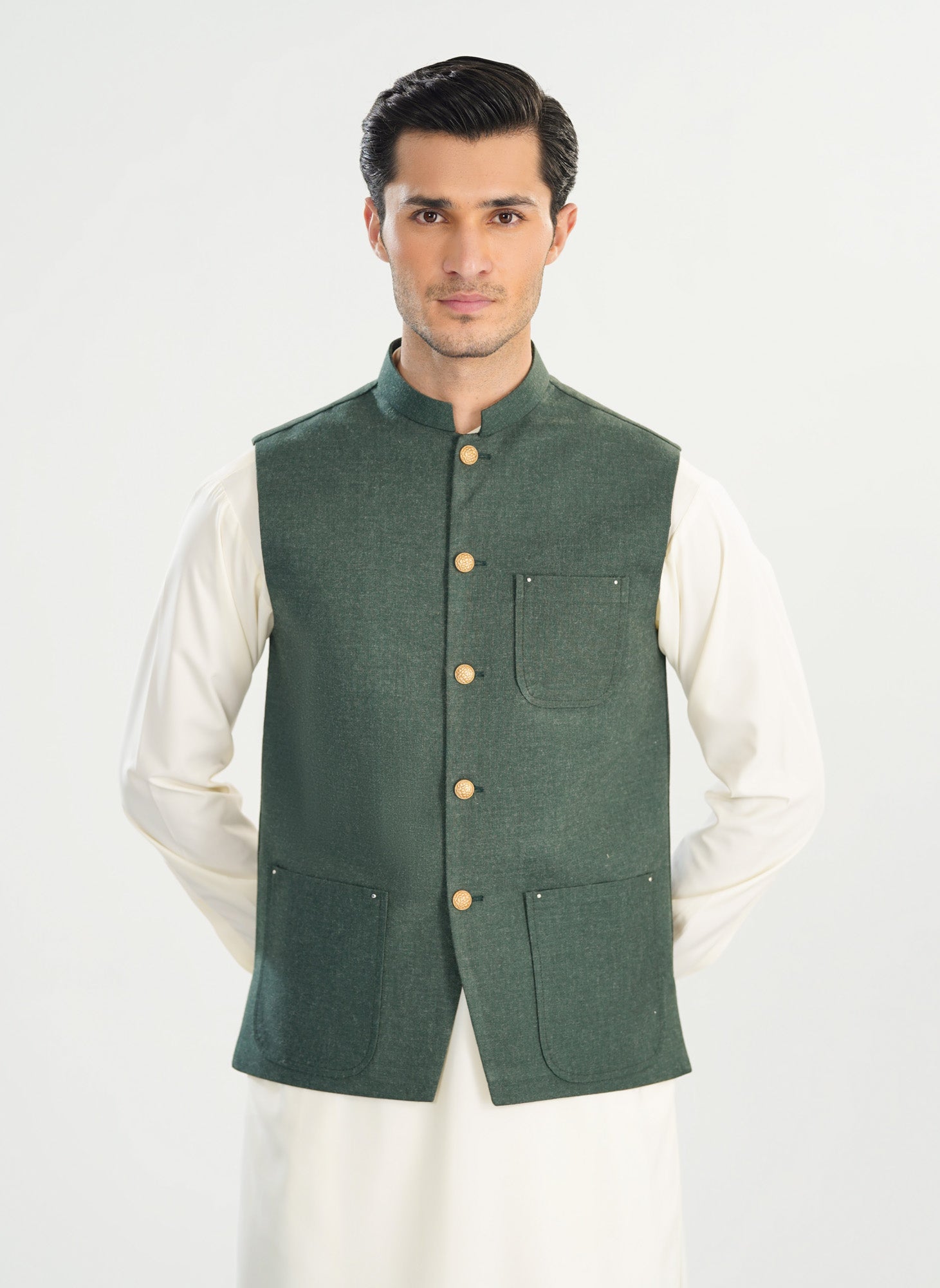 Army Green Wool Waistcoat - A-Line Cut - Men