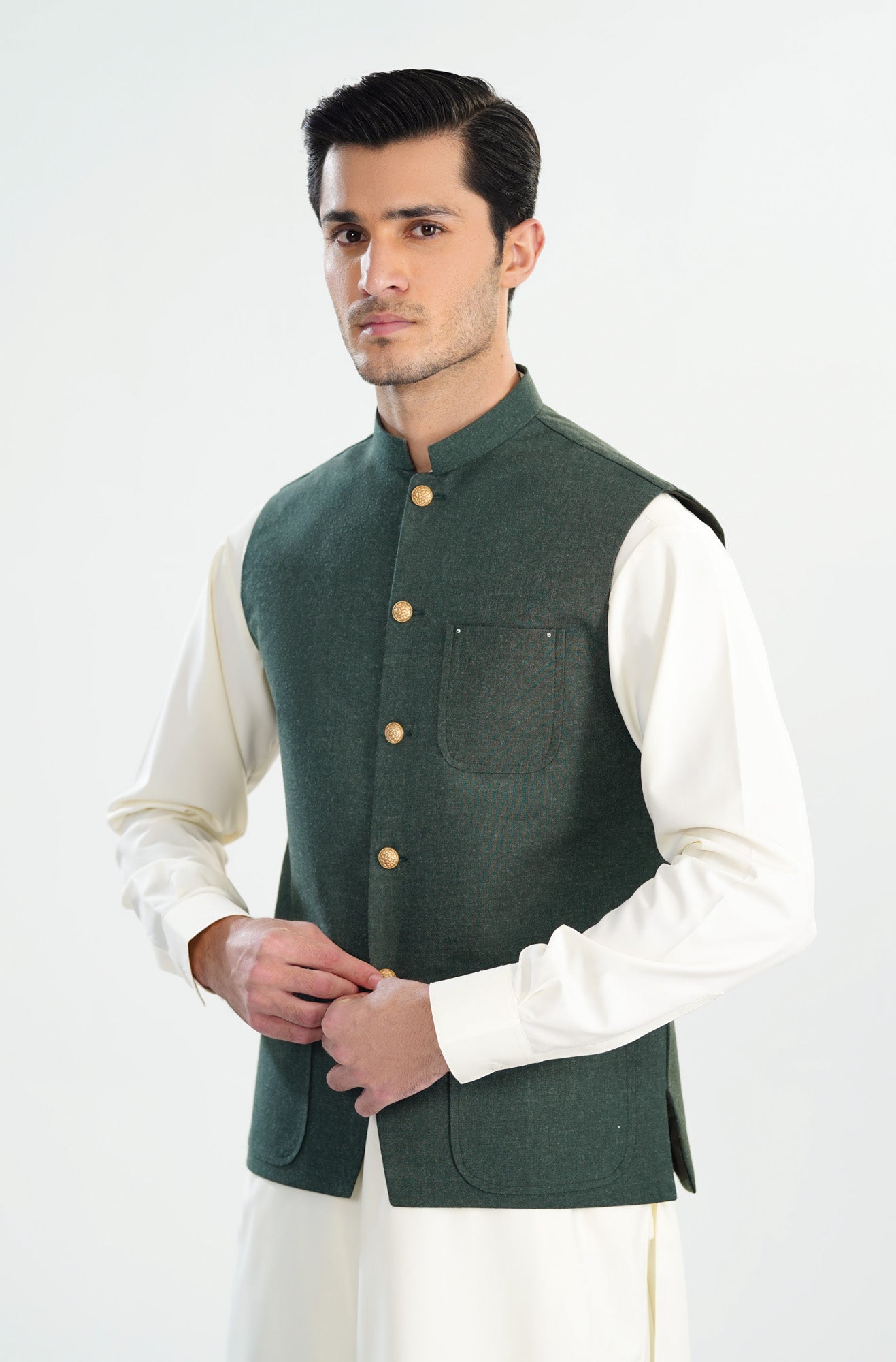Bosky White Kurta Shalwar with Army Green Wool Waistcoat - A-Line Cut - Men