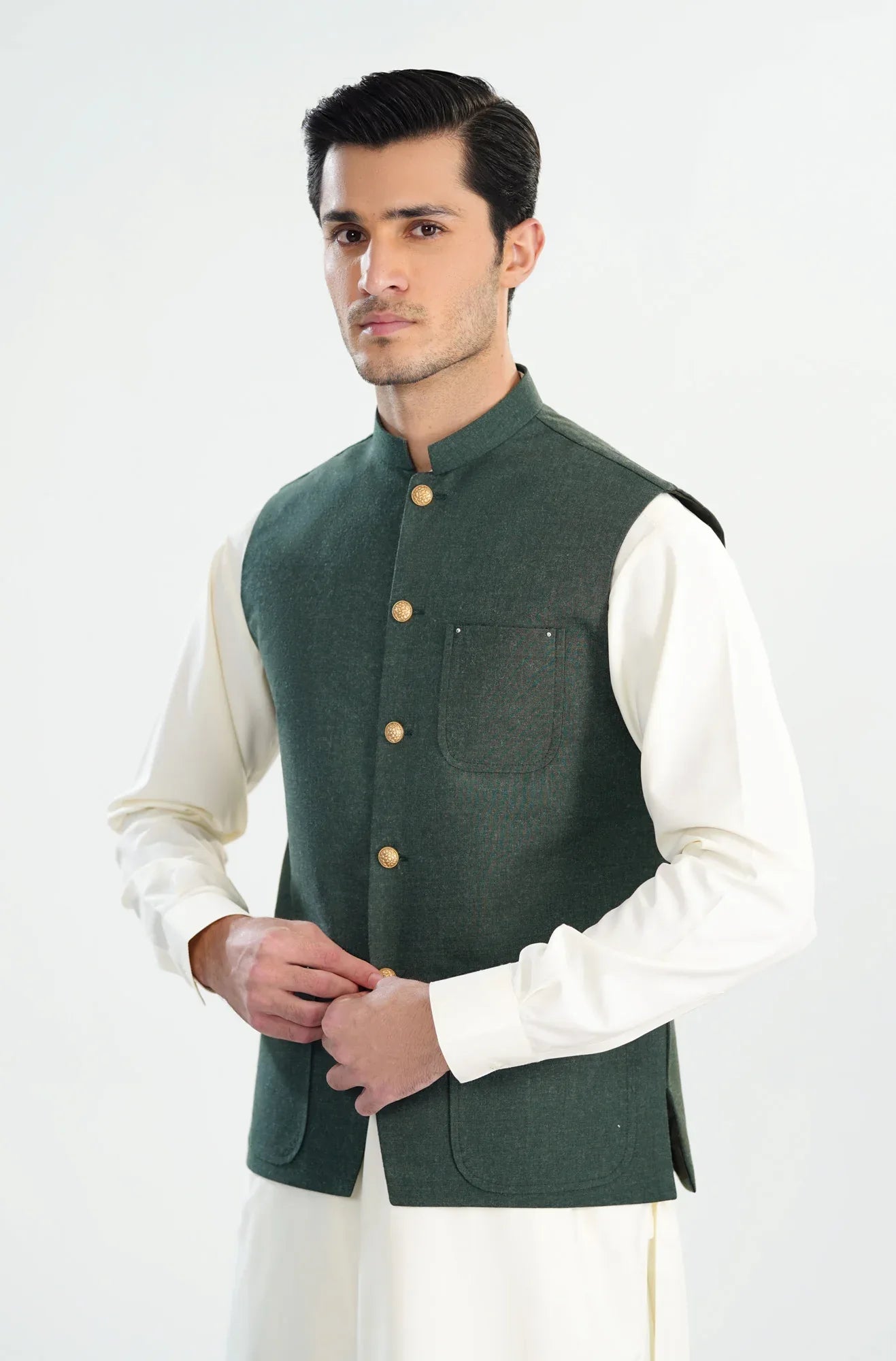 Bosky White Kurta Shalwar with Army Green Wool Waistcoat - A-Line Cut - Men - Muraqsh -- Menswear