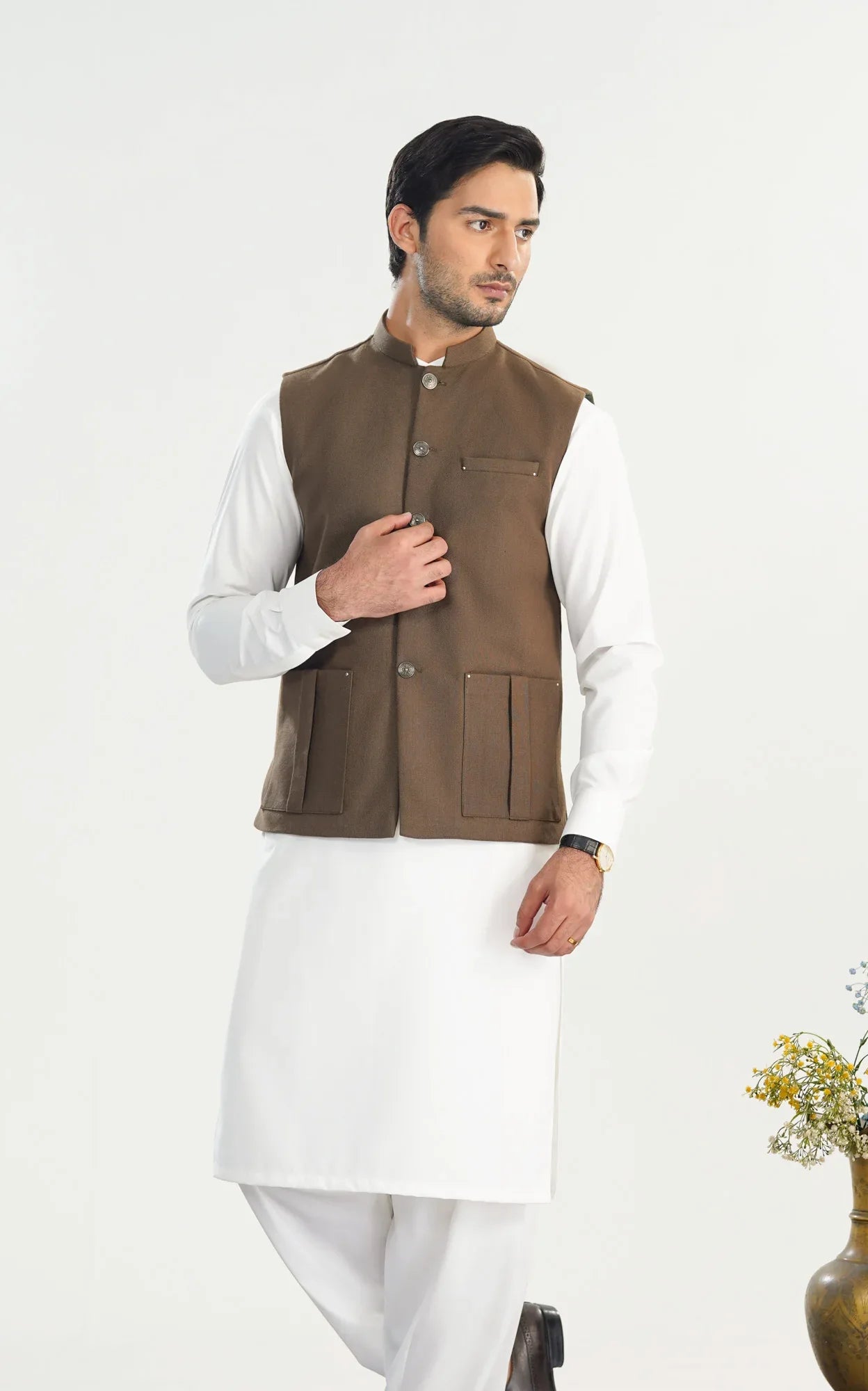 Olive Brown Handloomed Khaddar Waistcoat - Straigth Cut - Men - Muraqsh -- Menswear