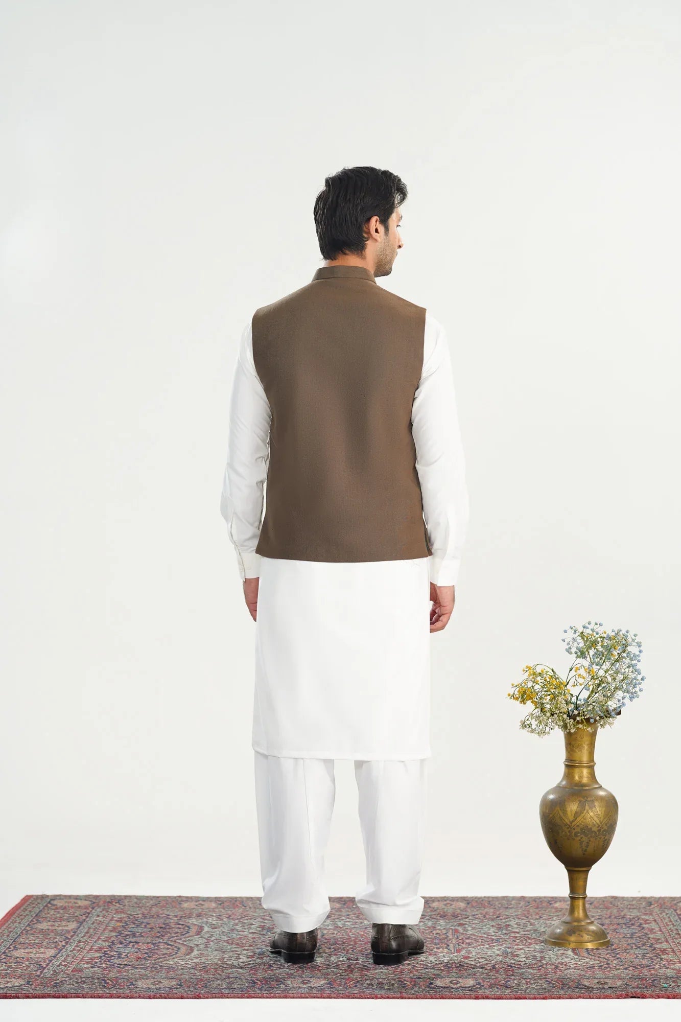 Olive Brown Handloomed Khaddar Waistcoat - Straigth Cut - Men - Muraqsh -- Menswear