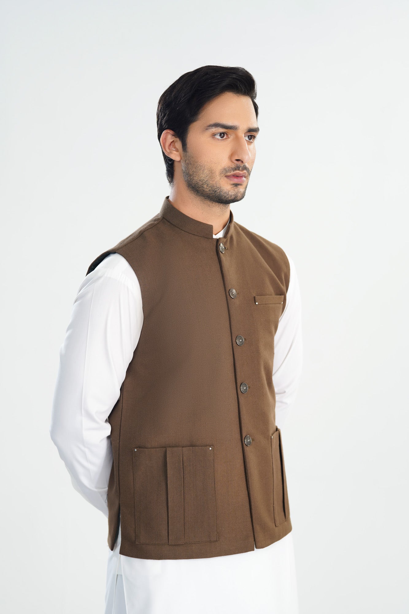 Off White Kurta Shalwar with Olive Brown Khaddar Waistcoat - Straight Cut - Men