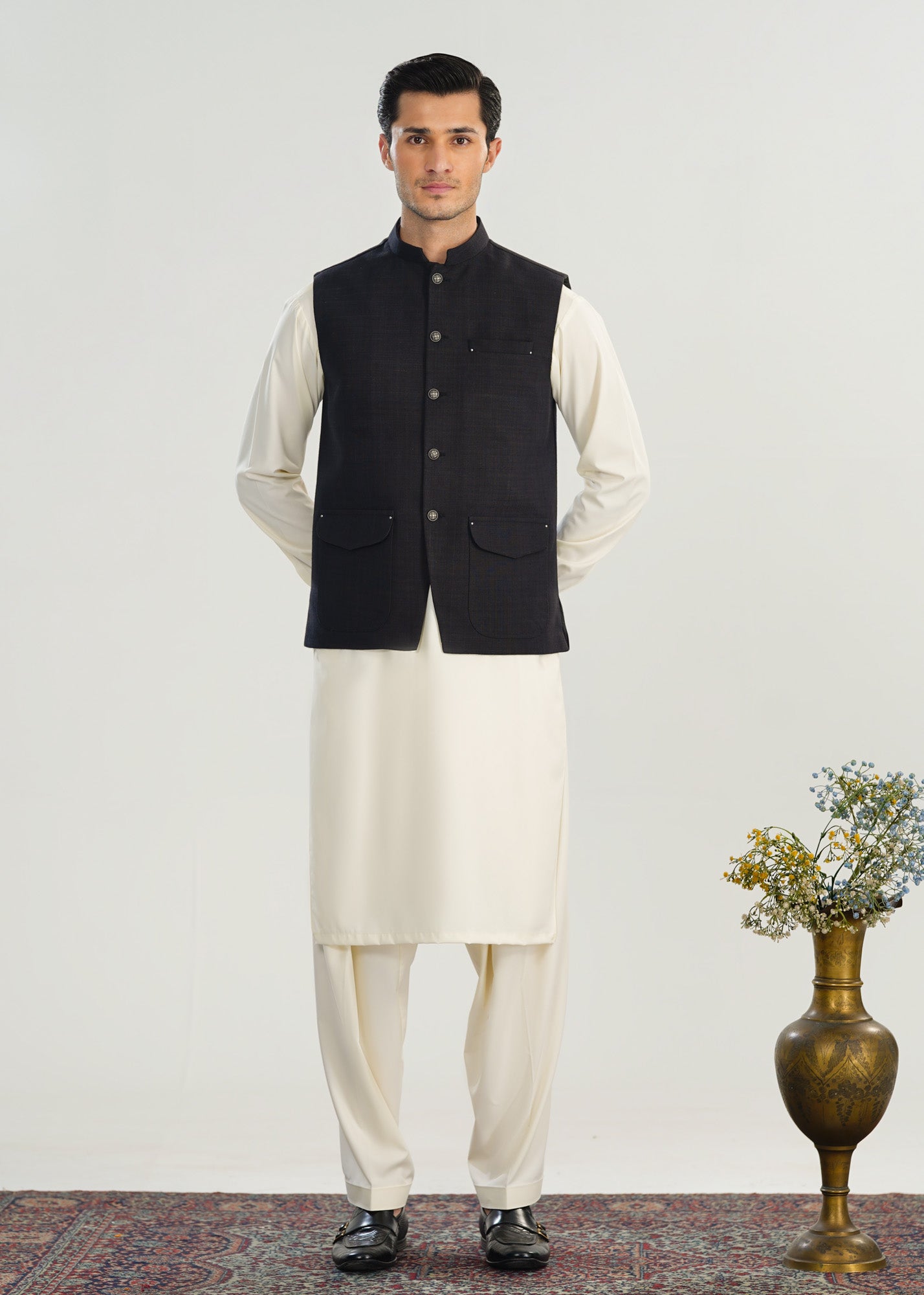 Bosky White Kurta Shalwar with Black Khaddar Waistcoat - A-Line Cut - Men