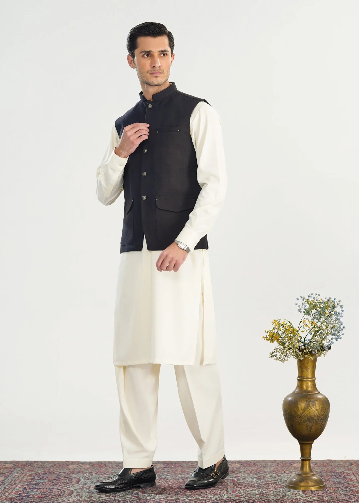 Black Handloomed Khaddar Waistcoat - A-Line Cut - Men - Muraqsh -- Menswear
