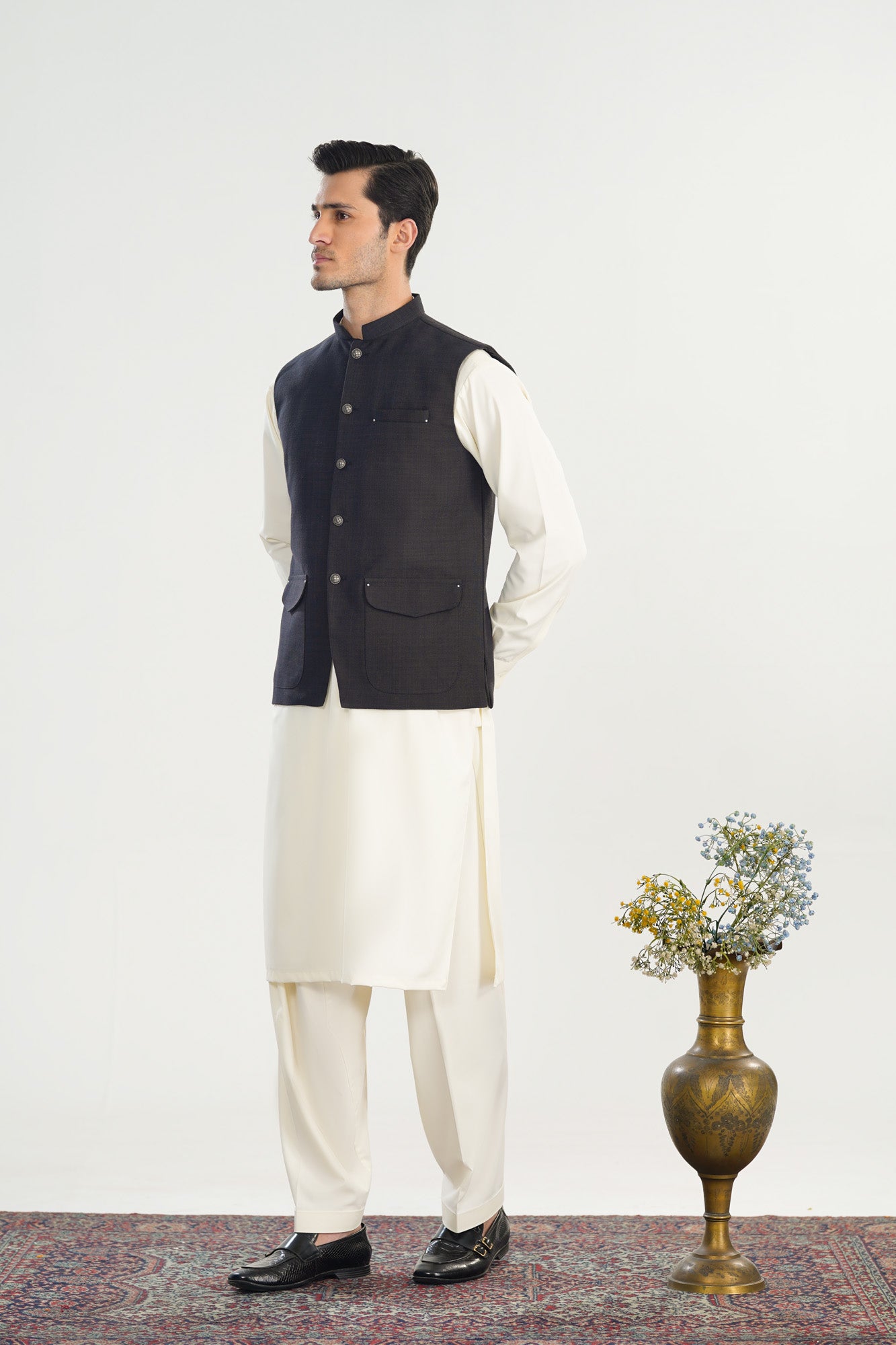 Bosky White Kurta Shalwar with Black Khaddar Waistcoat - A-Line Cut - Men