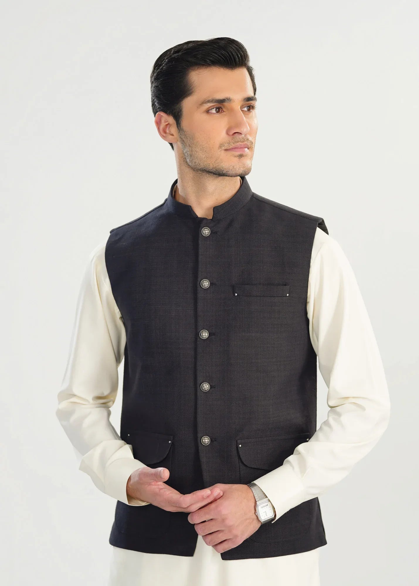 Black Handloomed Khaddar Waistcoat - A-Line Cut - Men - Muraqsh -- Menswear