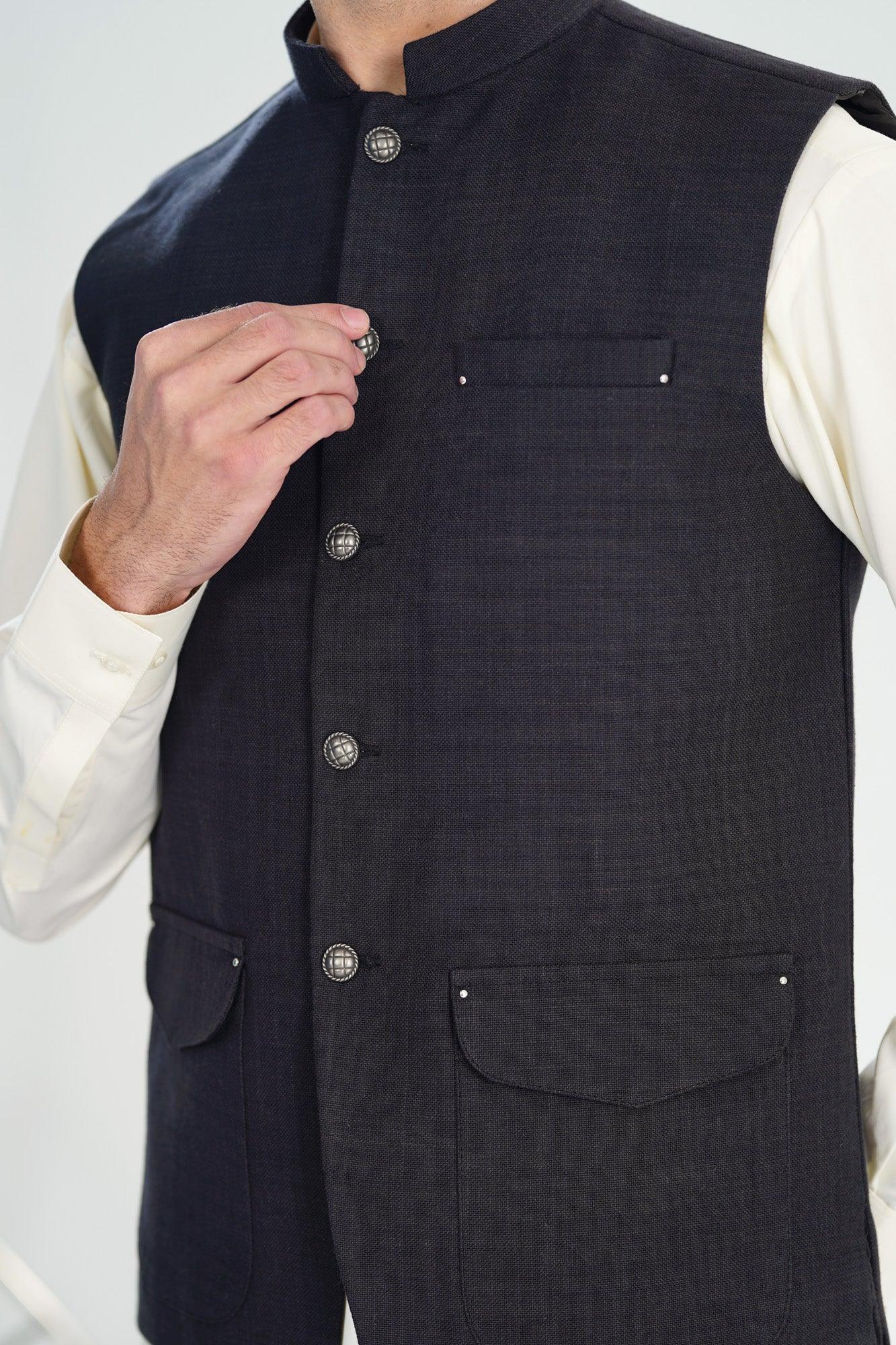 Black Handloomed Khaddar Waistcoat - A-Line Cut - Men - Muraqsh -- Menswear