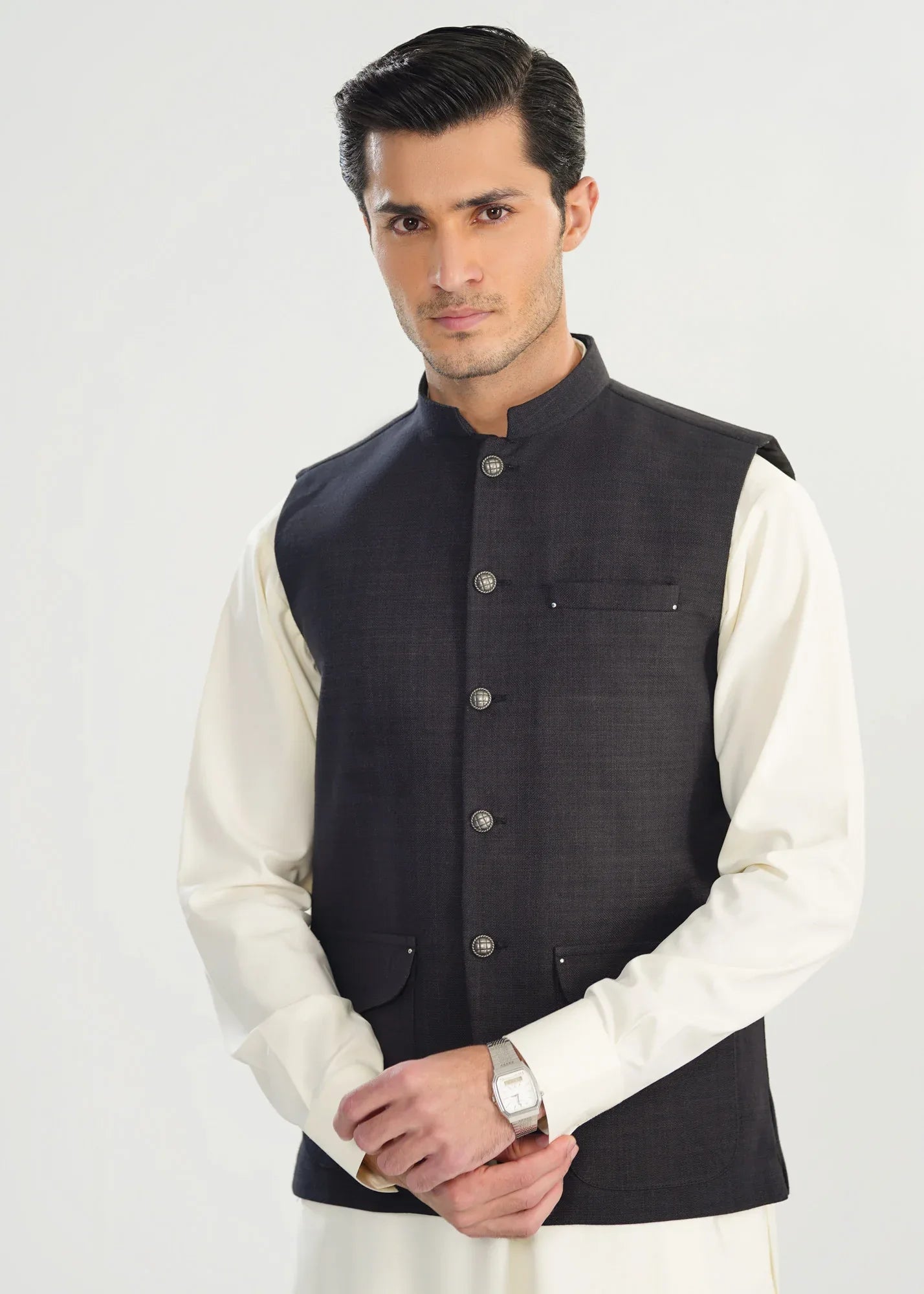 Black Handloomed Khaddar Waistcoat - A-Line Cut - Men - Muraqsh -- Menswear