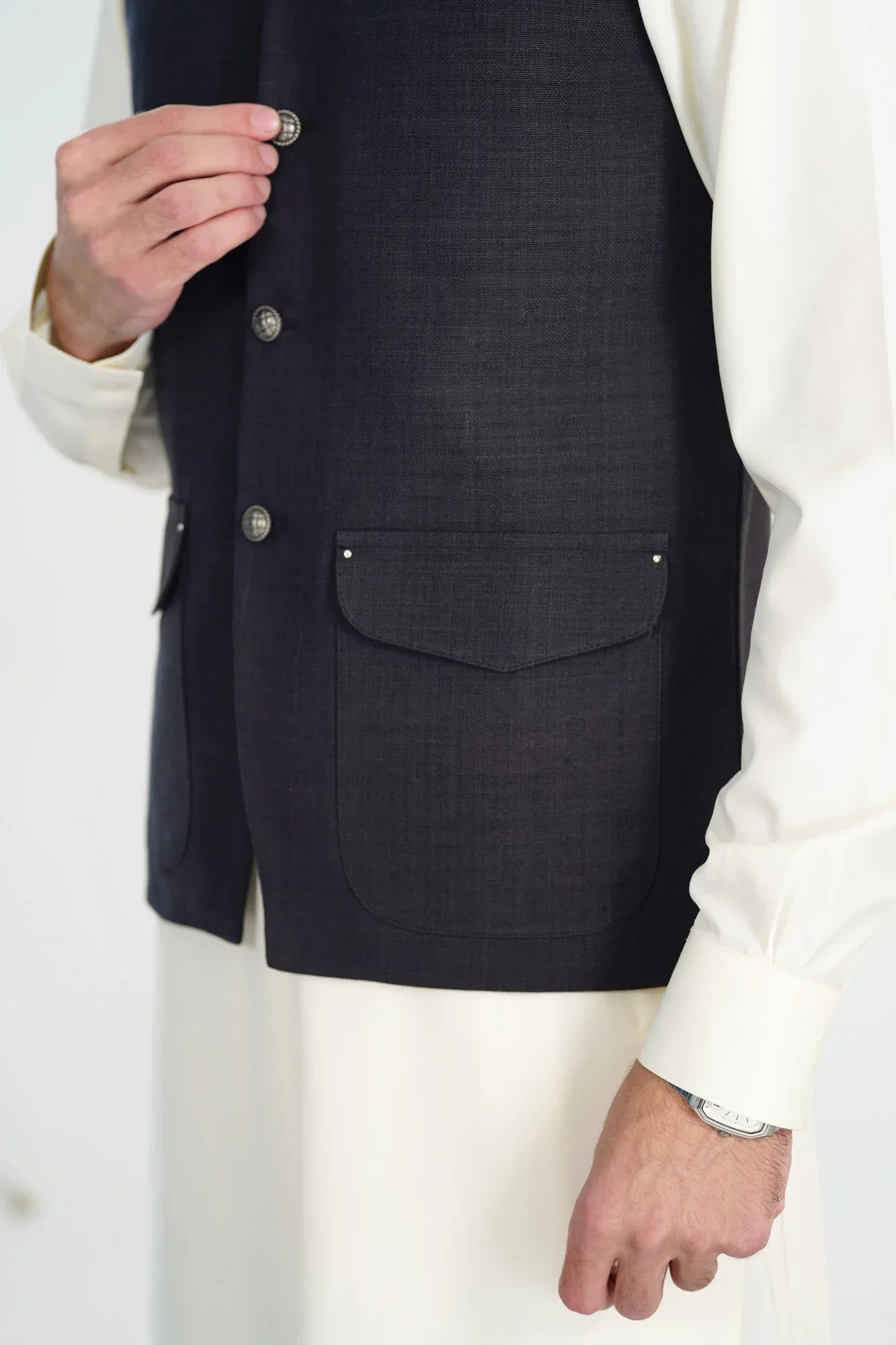 Black Handloomed Khaddar Waistcoat - A-Line Cut - Men - Muraqsh -- Menswear