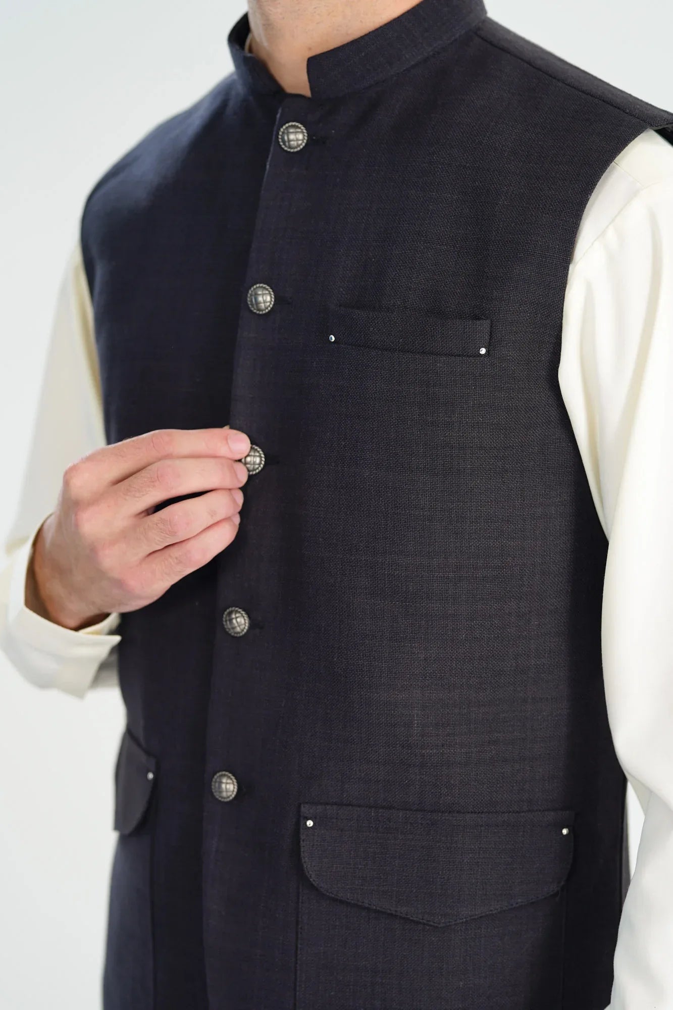 Black Handloomed Khaddar Waistcoat - A-Line Cut - Men - Muraqsh -- Menswear