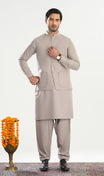 Dull Nude Kameez Shalwar with Blended Waistcoat - A-Line Cut - Men