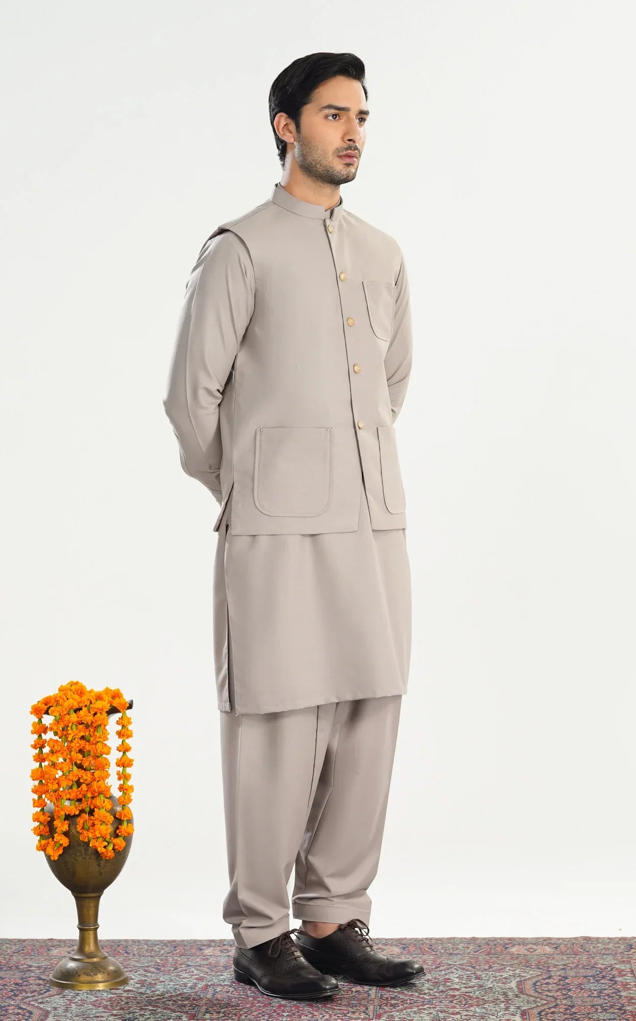 Dull Nude Kameez Shalwar with Blended Waistcoat - A-Line Cut - Men - Muraqsh -- Menswear