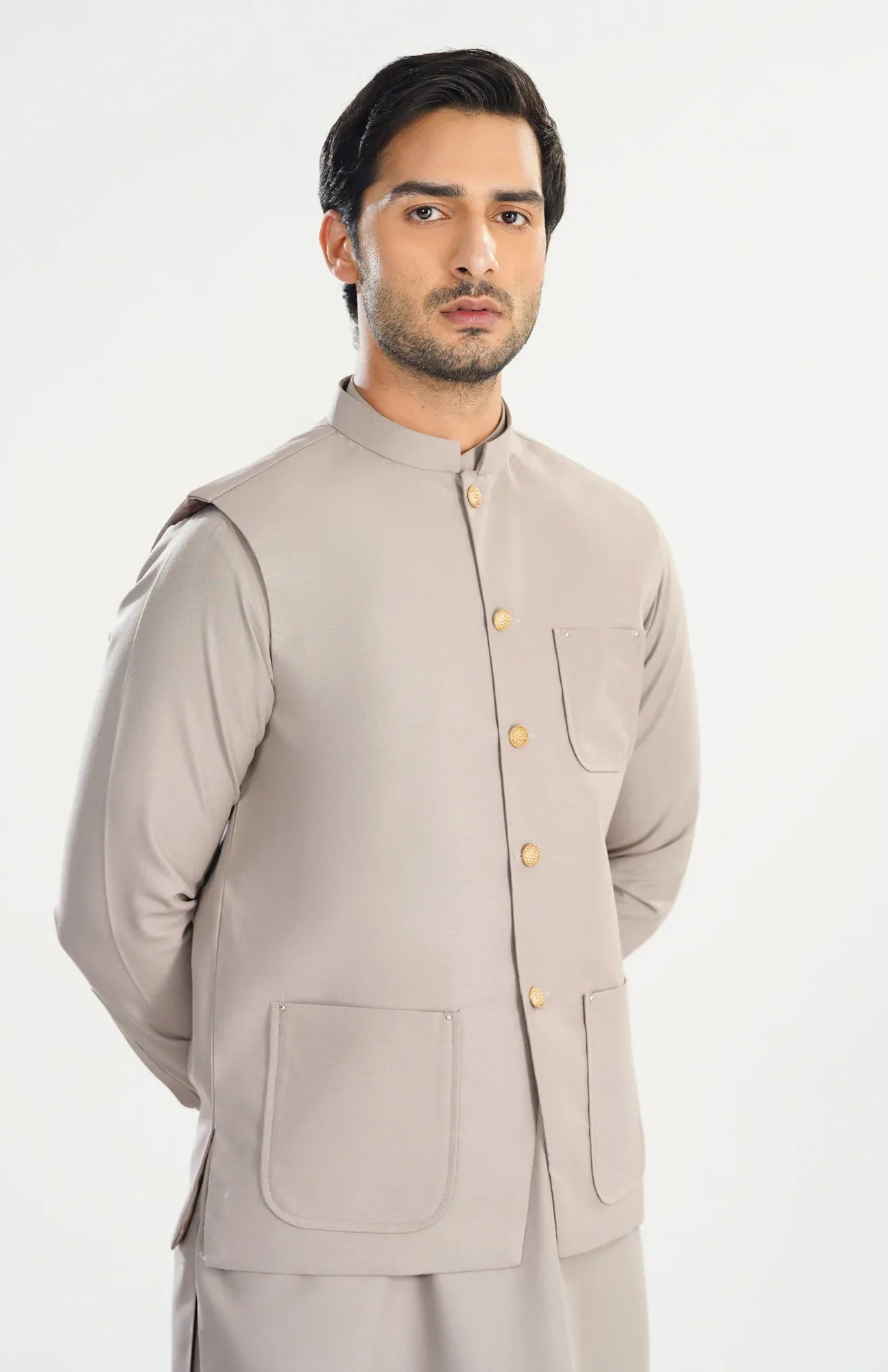 Dull Nude Kameez Shalwar with Blended Waistcoat - A-Line Cut - Men - Muraqsh -- Menswear