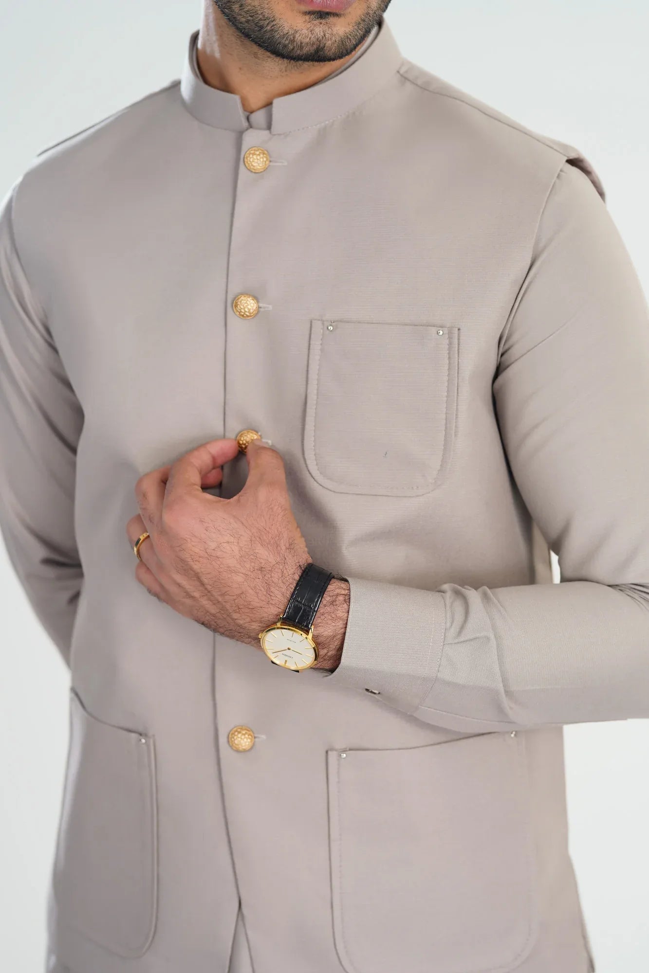 Dull Nude Kameez Shalwar with Blended Waistcoat - A-Line Cut - Men - Muraqsh -- Menswear