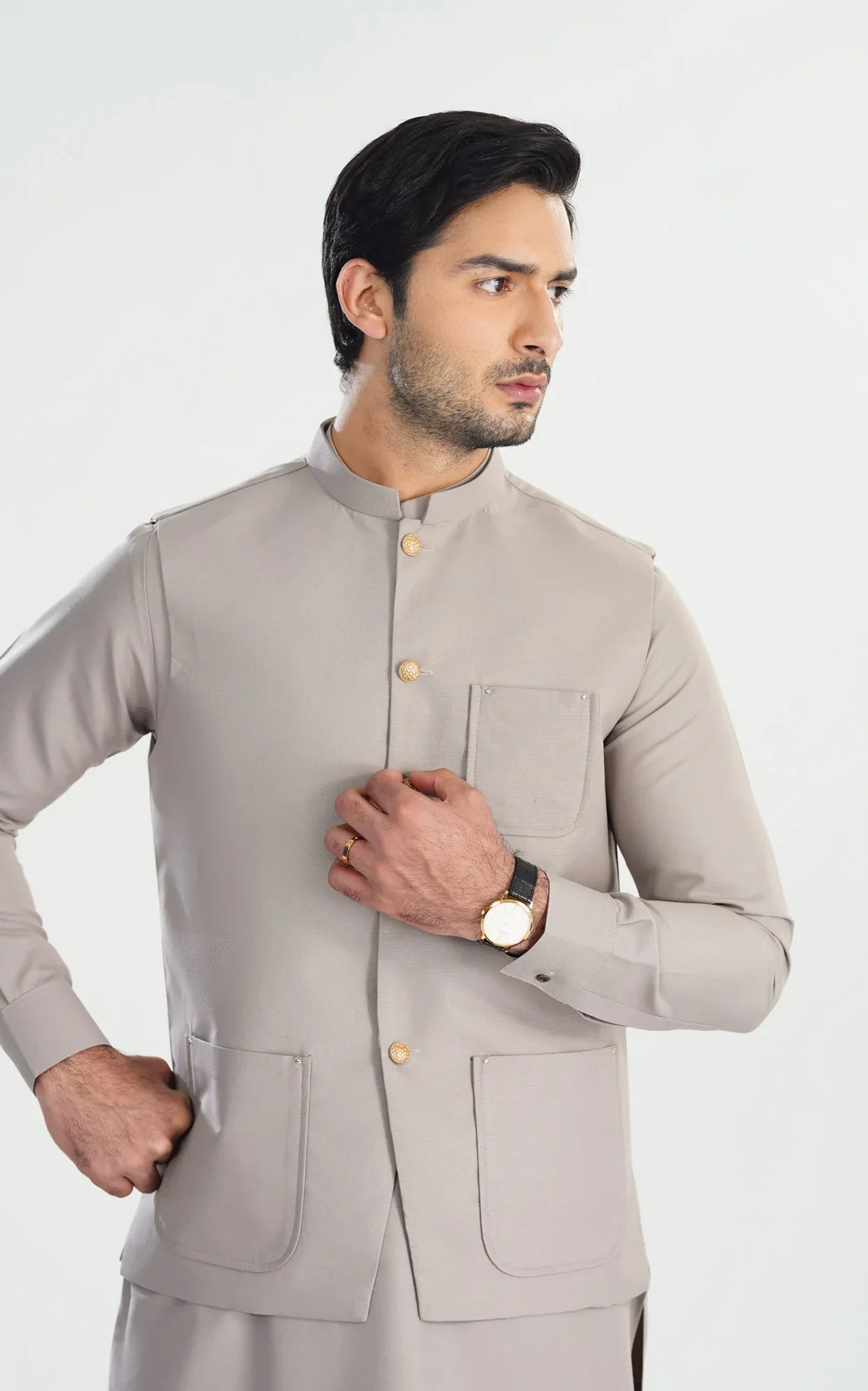 Dull Nude Kameez Shalwar with Blended Waistcoat - A-Line Cut - Men - Muraqsh -- Menswear