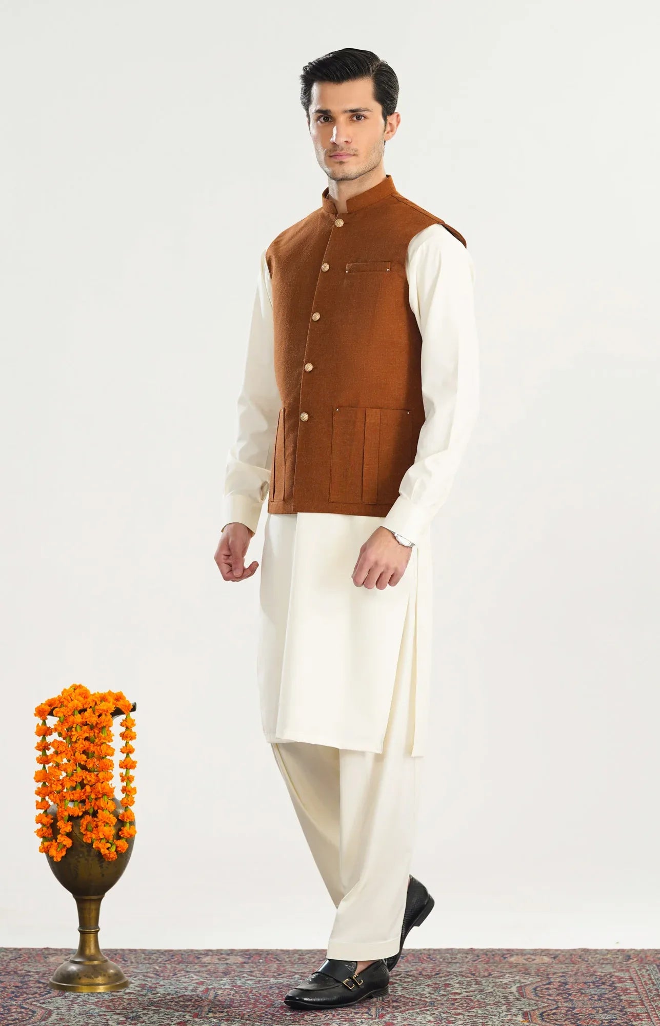 Bosky White Kurta Shalwar with Caramel Wool Waistcoat - Straight Cut - Men - Muraqsh -- Menswear