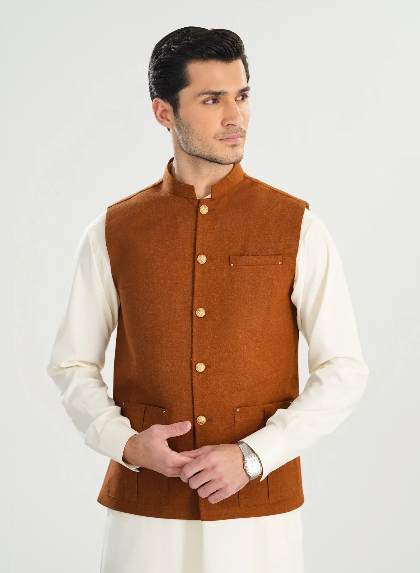 Caramel Wool Waistcoat - Straigth Cut - Men - Muraqsh -- Menswear