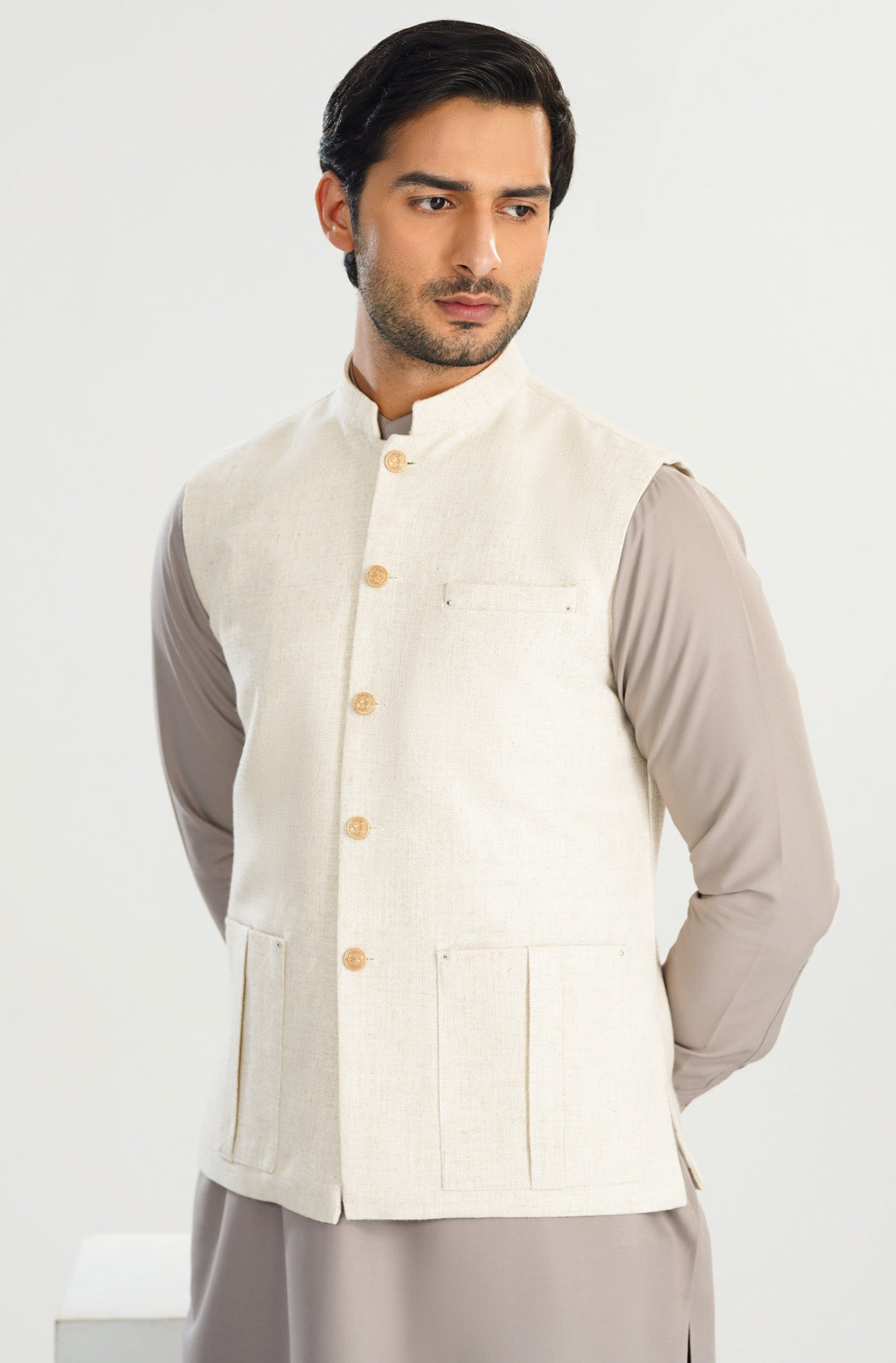 Dull Nude Kurta Shalwar with Off White Khaddar Waistcoat - Straight Cut - Men