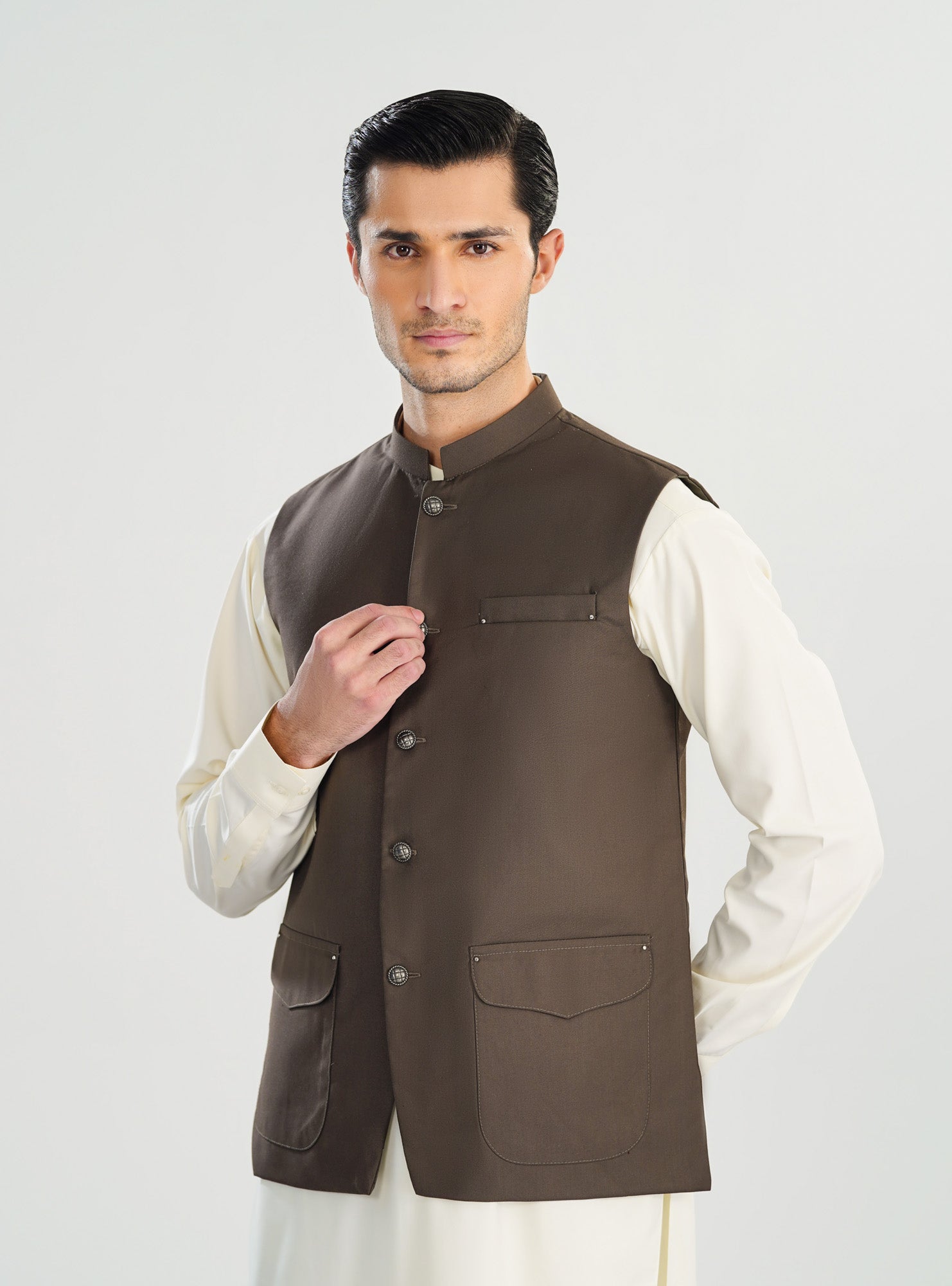 Bosky White Kurta Shalwar with Taupe Suiting Waistcoat - Straight Cut - Men
