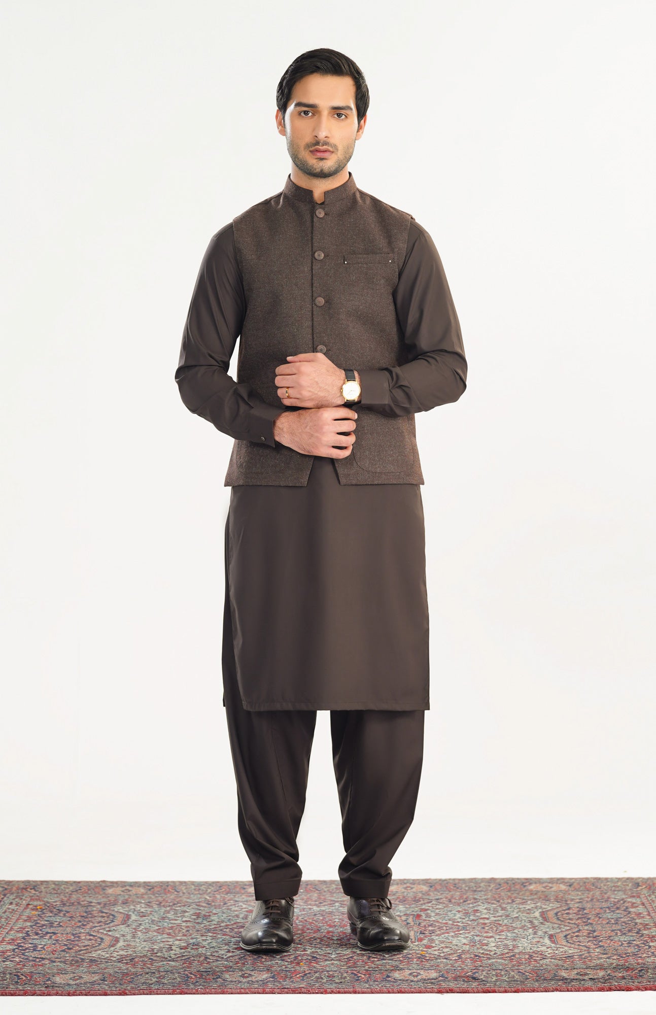 Brown Kurta Shalwar with Wool Waistcoat - A-Line Cut - Men