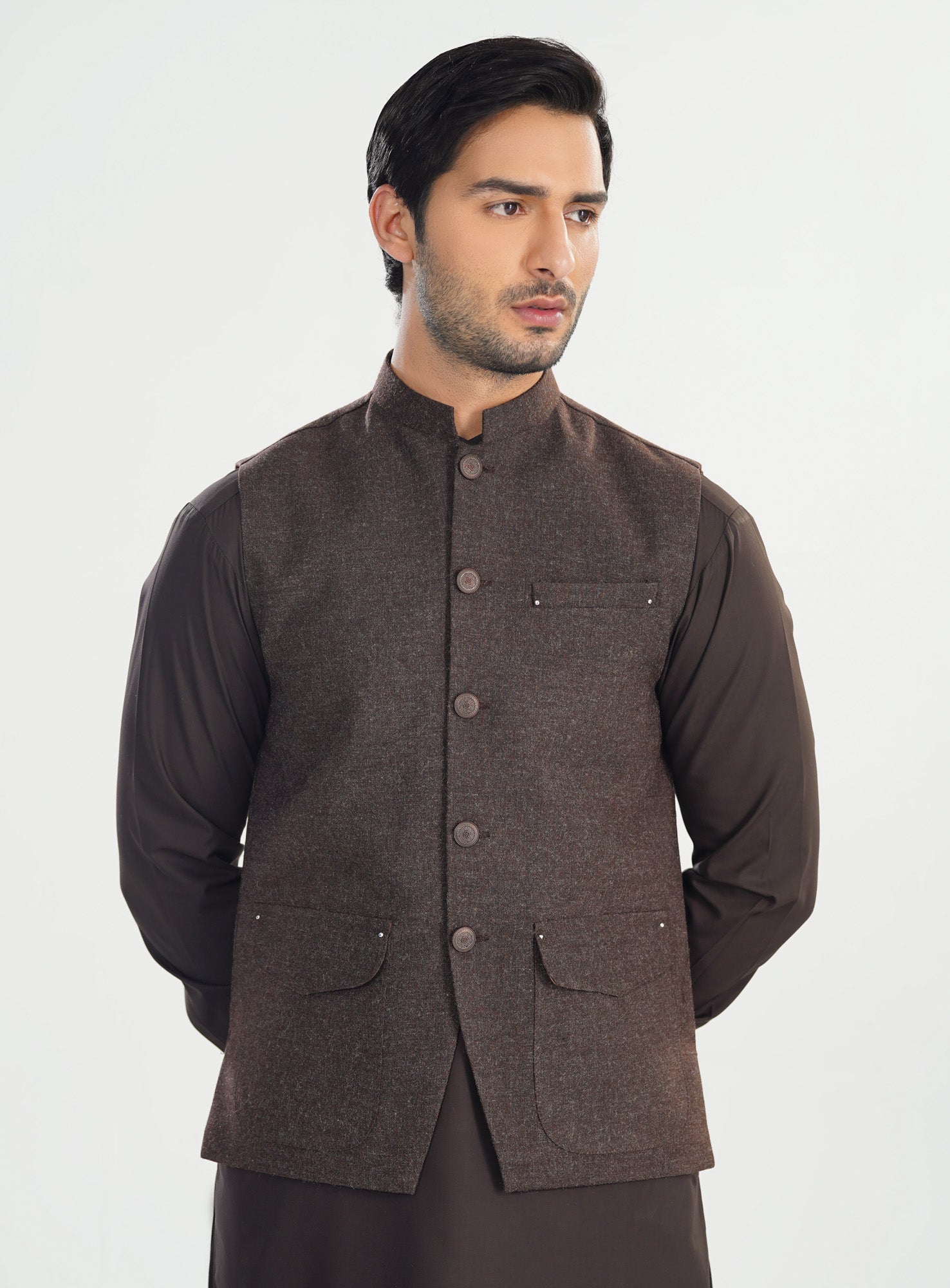 Brown Kurta Shalwar with Wool Waistcoat - A-Line Cut - Men