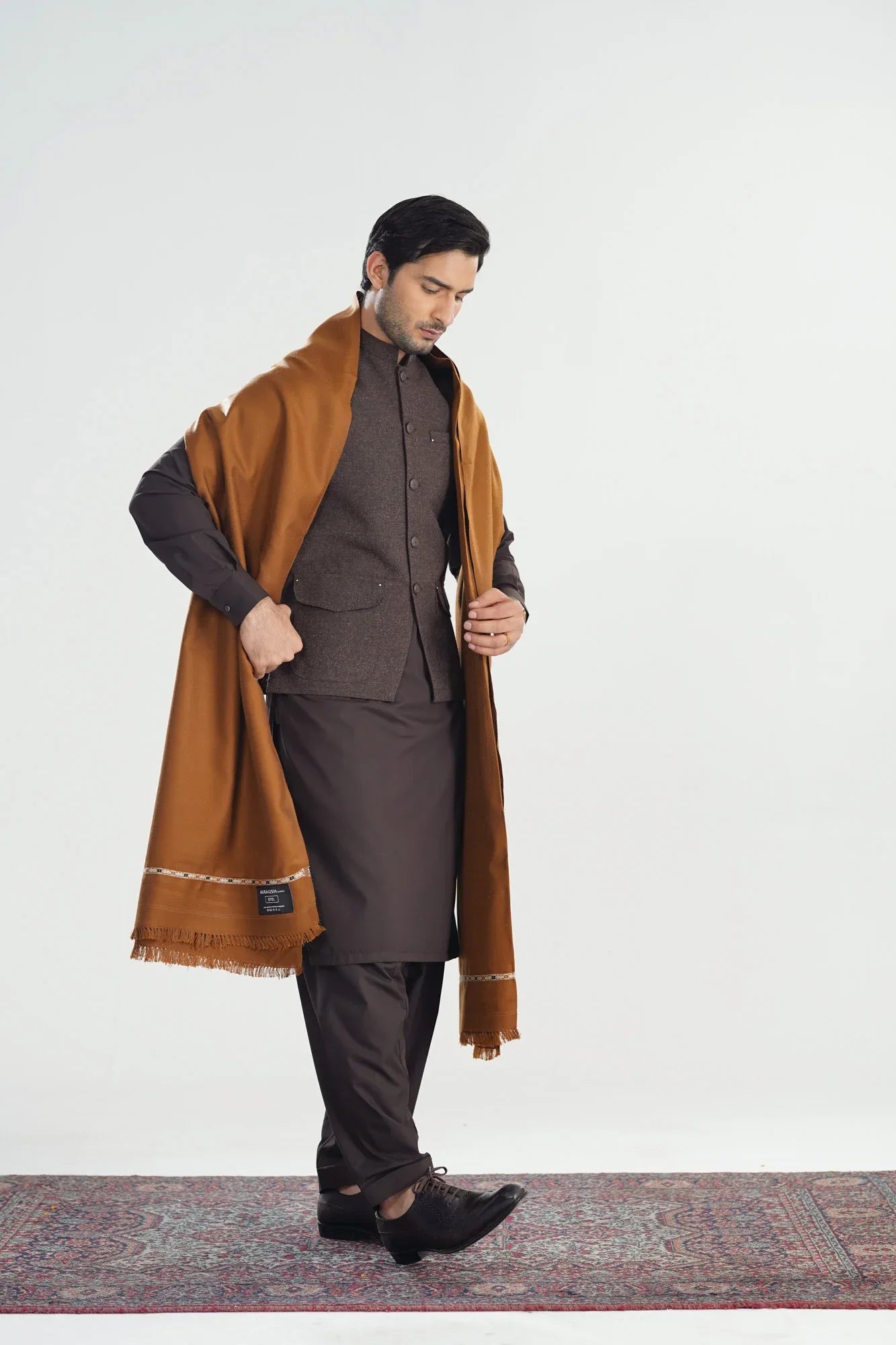 Camel Kashmiri Wool Shawl - Men - Muraqsh -- Menswear
